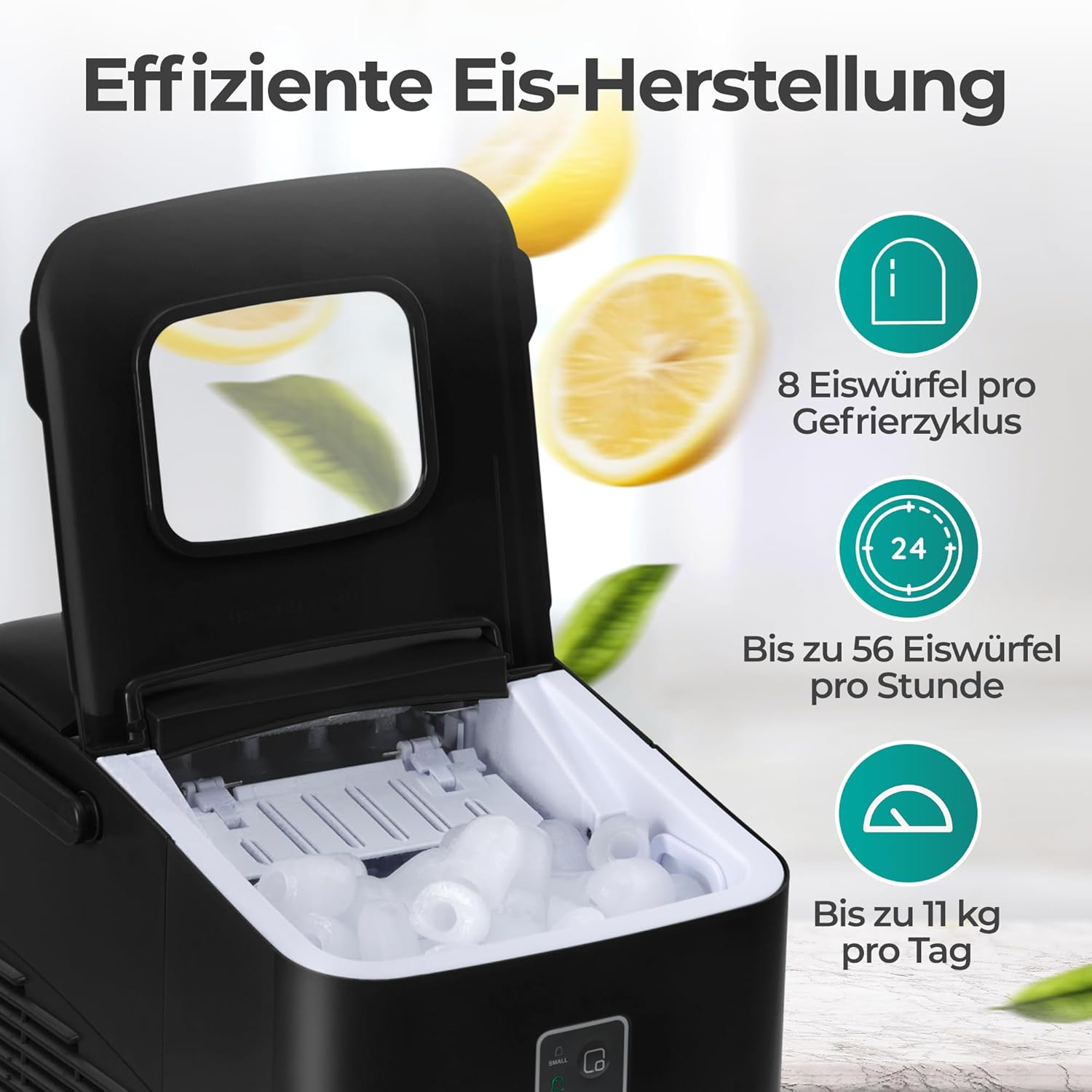 Ein schwarzer Eisbereiter mit offenem Deckel, gefüllt mit Eiswürfeln. Text auf Deutsch beschreibt die Eisproduktionsfähigkeiten.