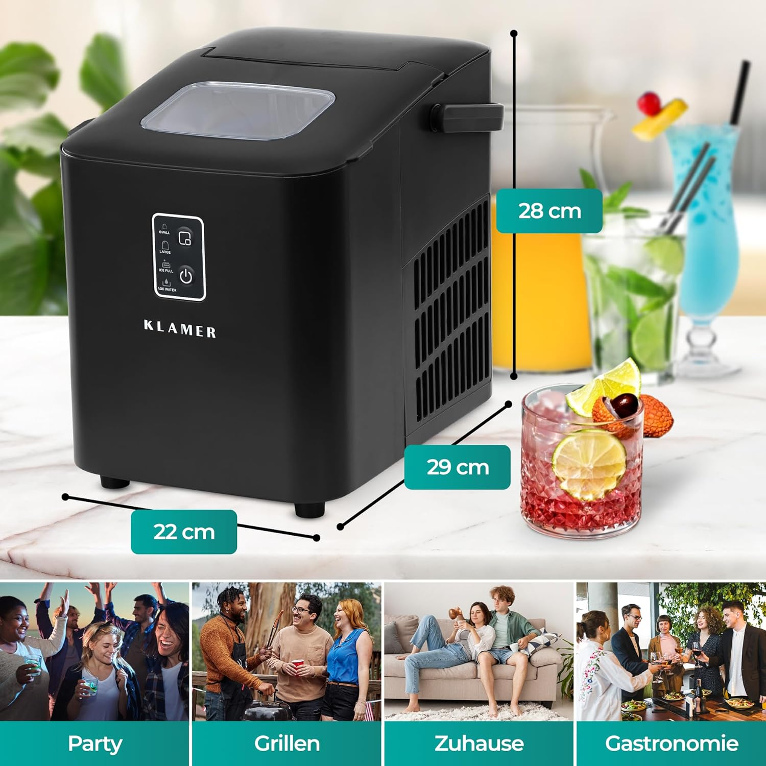 Ein schwarzer Eisbereiter mit Abmessungen. Ein Cocktail und Getränke stehen auf der Theke. Party-, Grill-, Heim- und Gastronomie-Szenen sind unten.