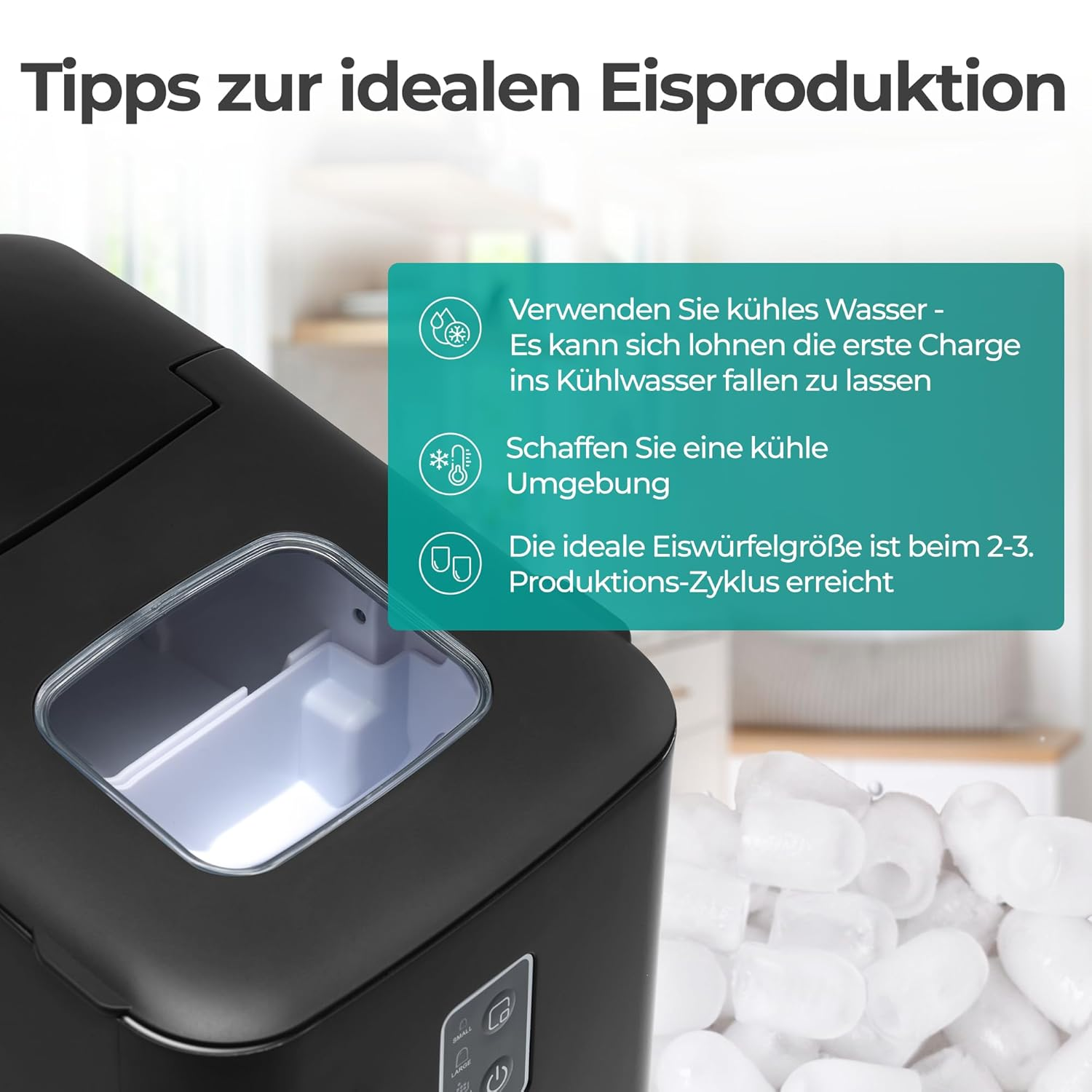 Ein schwarzer Eisbereiter mit transparentem Deckel. Text erklärt Eiszubereitungstipps. Eiswürfel sind im Hintergrund zu sehen.