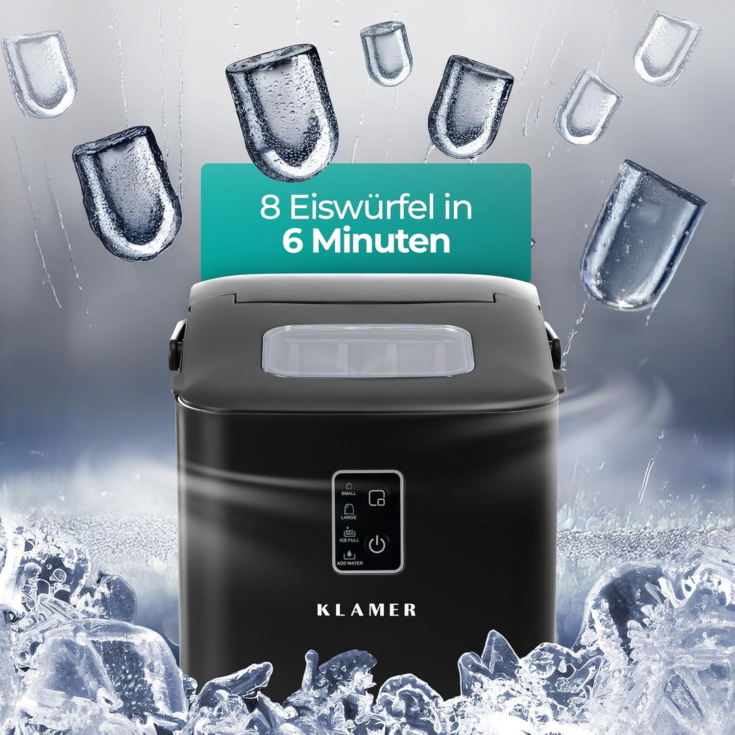 Ein schwarzer Eisbereiter mit fallenden Eiswürfeln. Text: '8 Eiswürfel in 6 Minuten'. Die Marke ist Klamer.