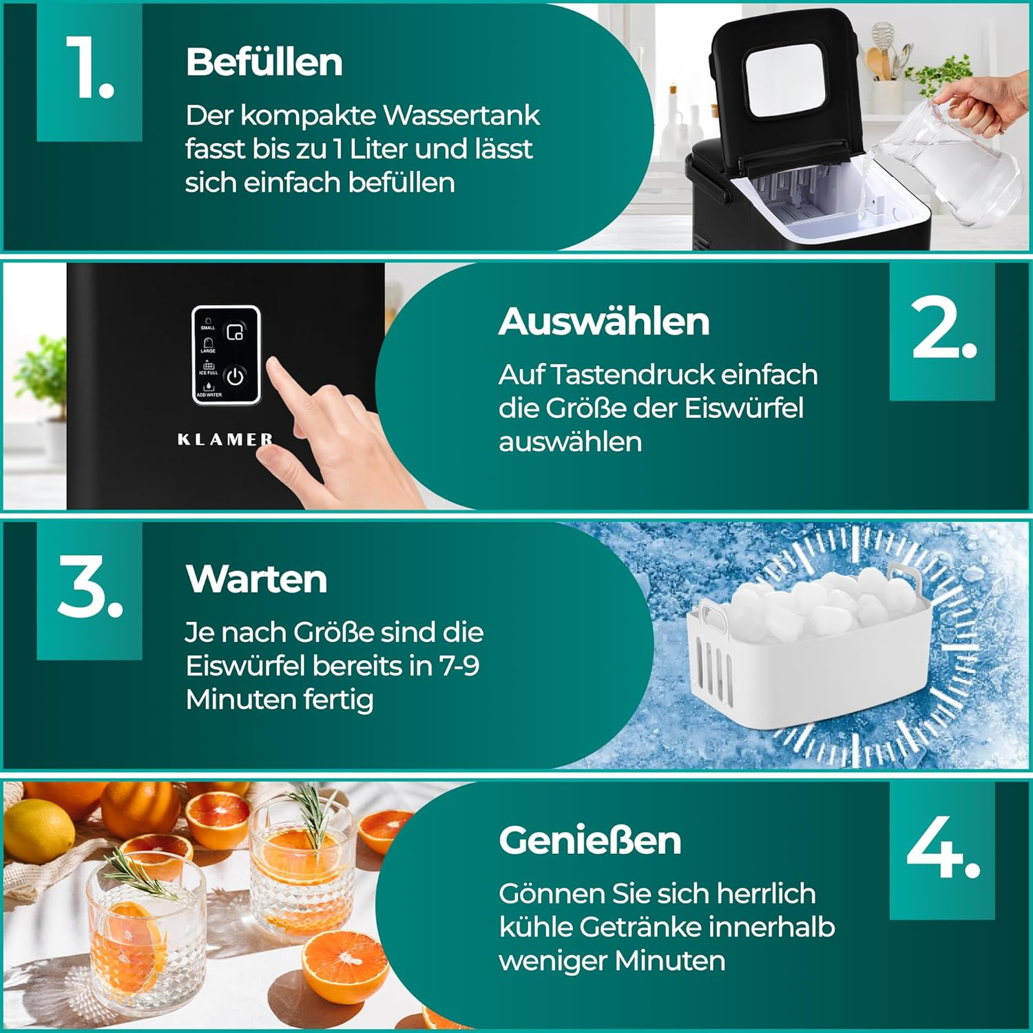 Eisbereiter mit Schritten: Füllen, Eisgröße auswählen, auf Eis warten und kalte Getränke genießen. Enthält Orangen und Gläser.