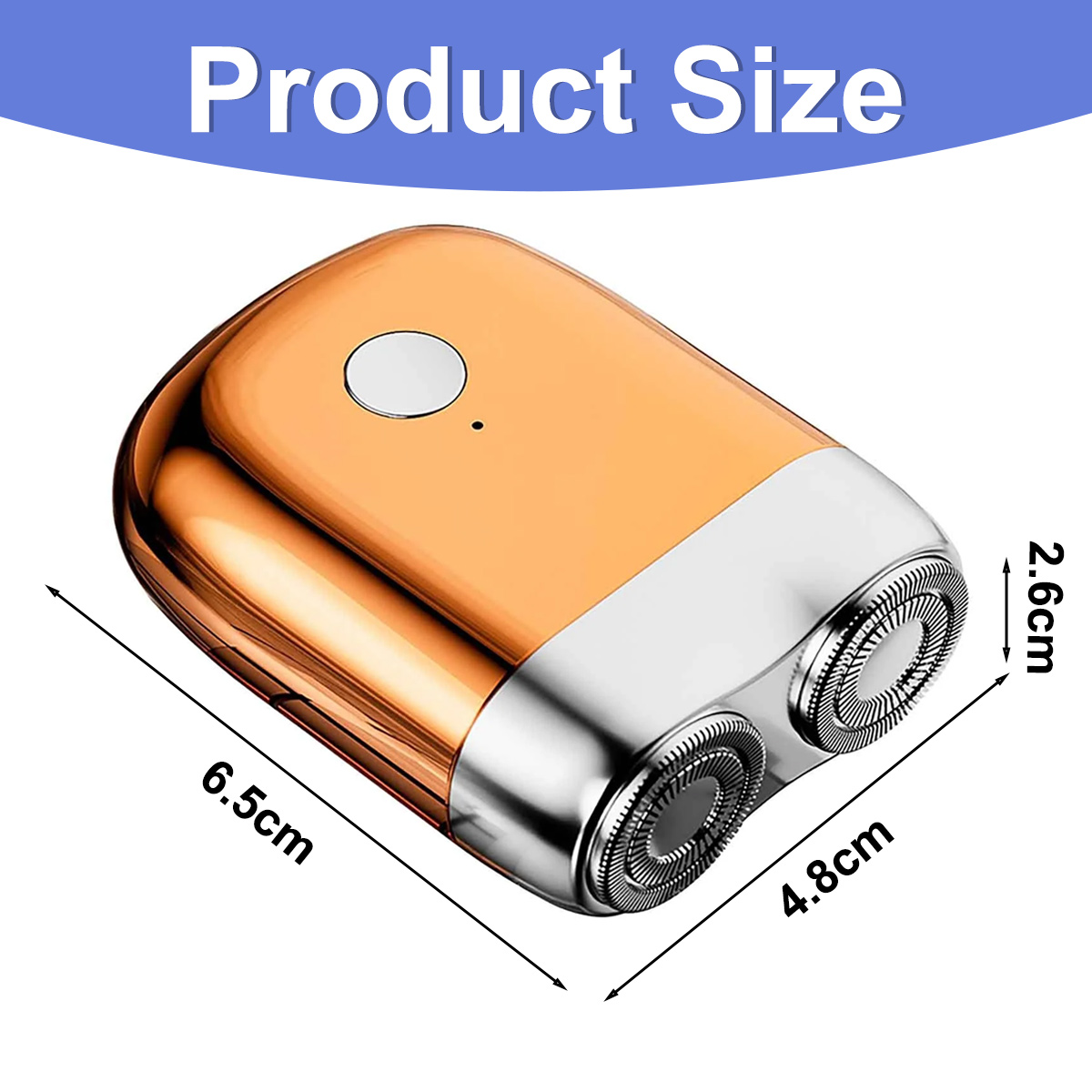 Ein orangefarbener und silberner Elektrorasierer. Abmessungen sind beschriftet: 6,5 cm, 4,8 cm und 2,6 cm. Der Titel lautet 'Produktgröße'.