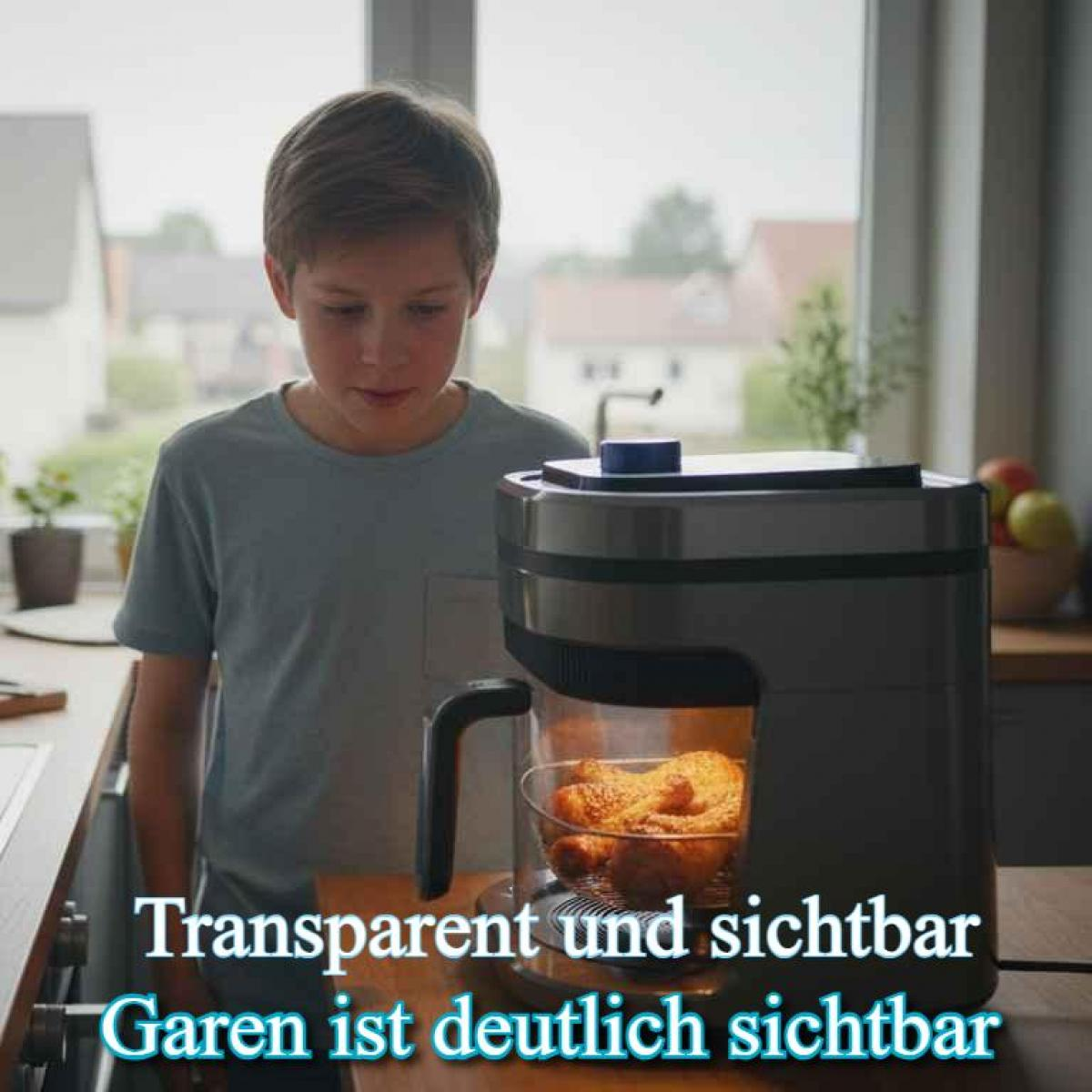 Ein Junge betrachtet eine Kochmaschine mit Essen darin. Die Maschine steht auf einer Küchentheke. Der Text lautet 'Transparent und sichtbar'.