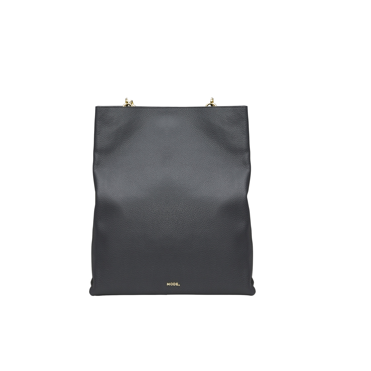 Schwarze Tragetasche mit goldfarbenen Kettenhenkeln. Die Tasche hat eine strukturierte Oberfläche und das Wort 'MODE.' ist sichtbar.