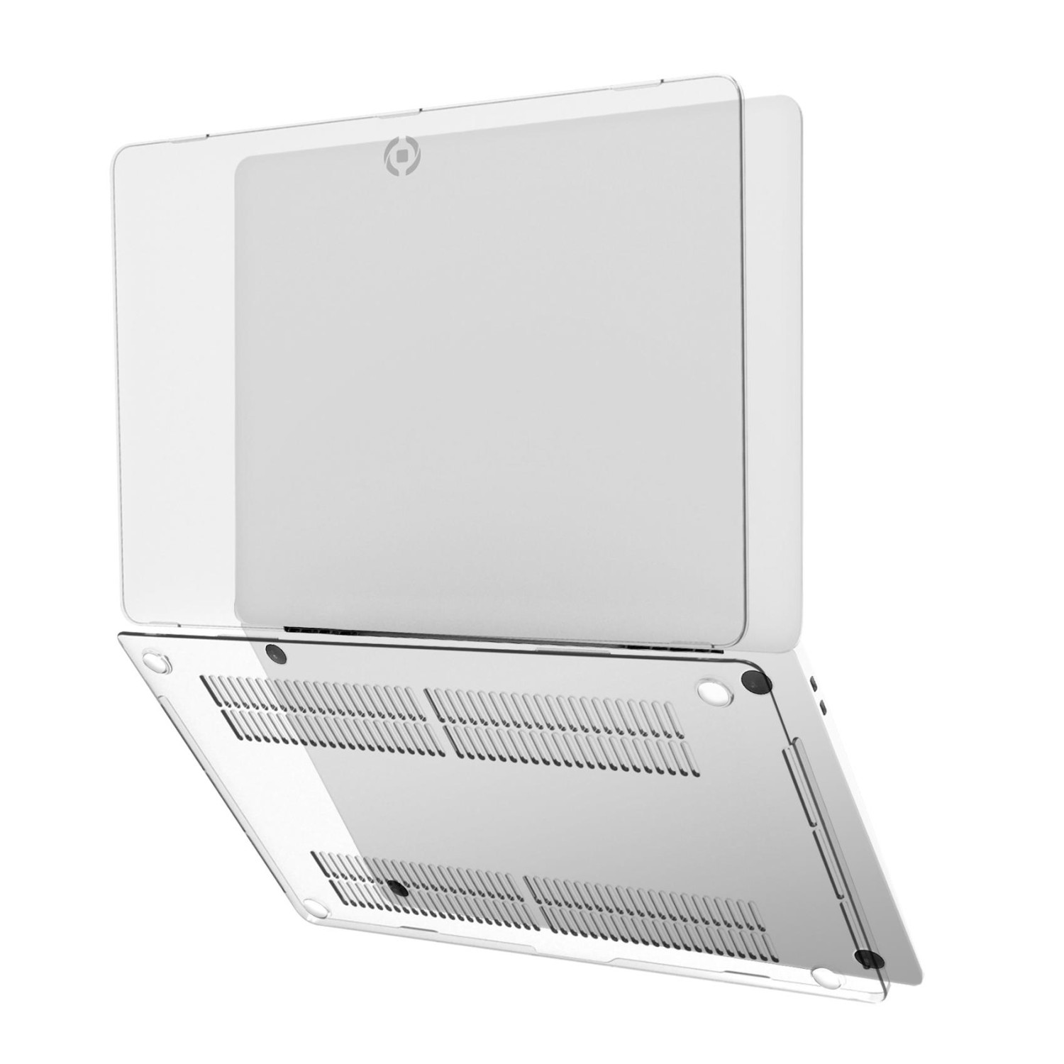Gezeigt wird eine transparente Laptop-Hülle, die obere Hälfte ist geöffnet. Der Laptop und die Hülle sind silberfarben. Die Hülle hat Lüftungsschlitze.