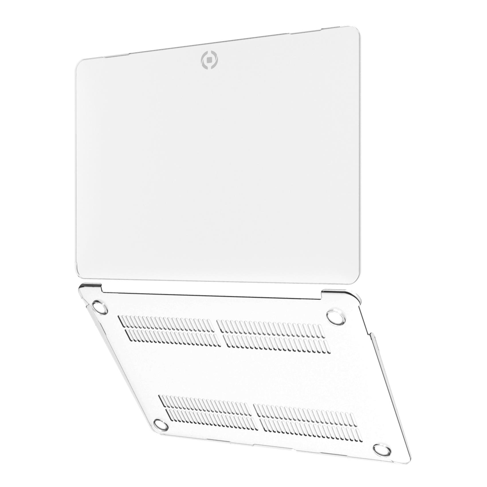 Transparente Laptop-Hülle. Ober- und Unterseite sind abgebildet, die Unterseite ist geöffnet. Oben rechts befindet sich ein Logo.