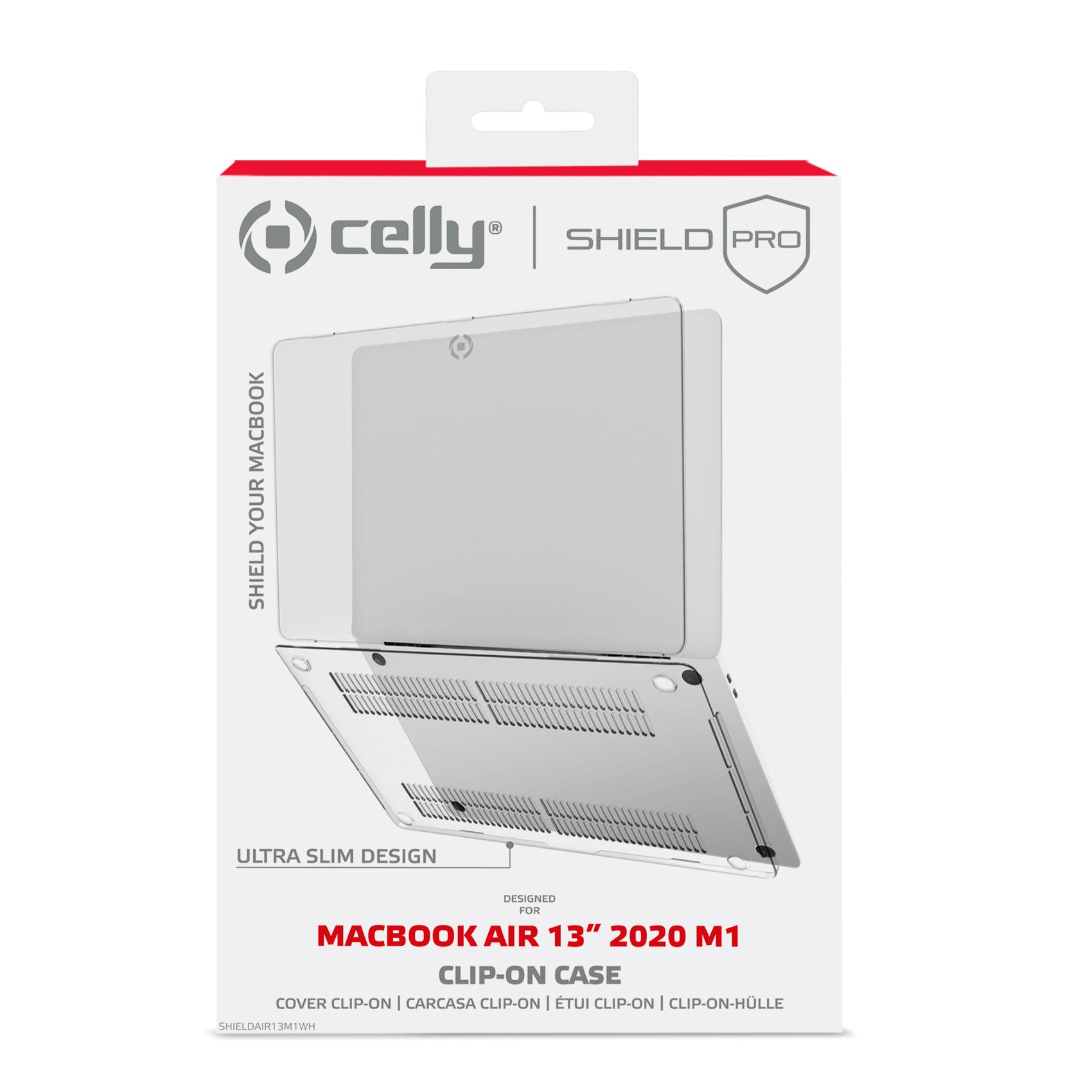 Eine Produktverpackung zeigt eine transparente Clip-On-Hülle für ein Macbook Air 13" 2020 M1. Die Marke ist "celly", die Hülle ist sichtbar.