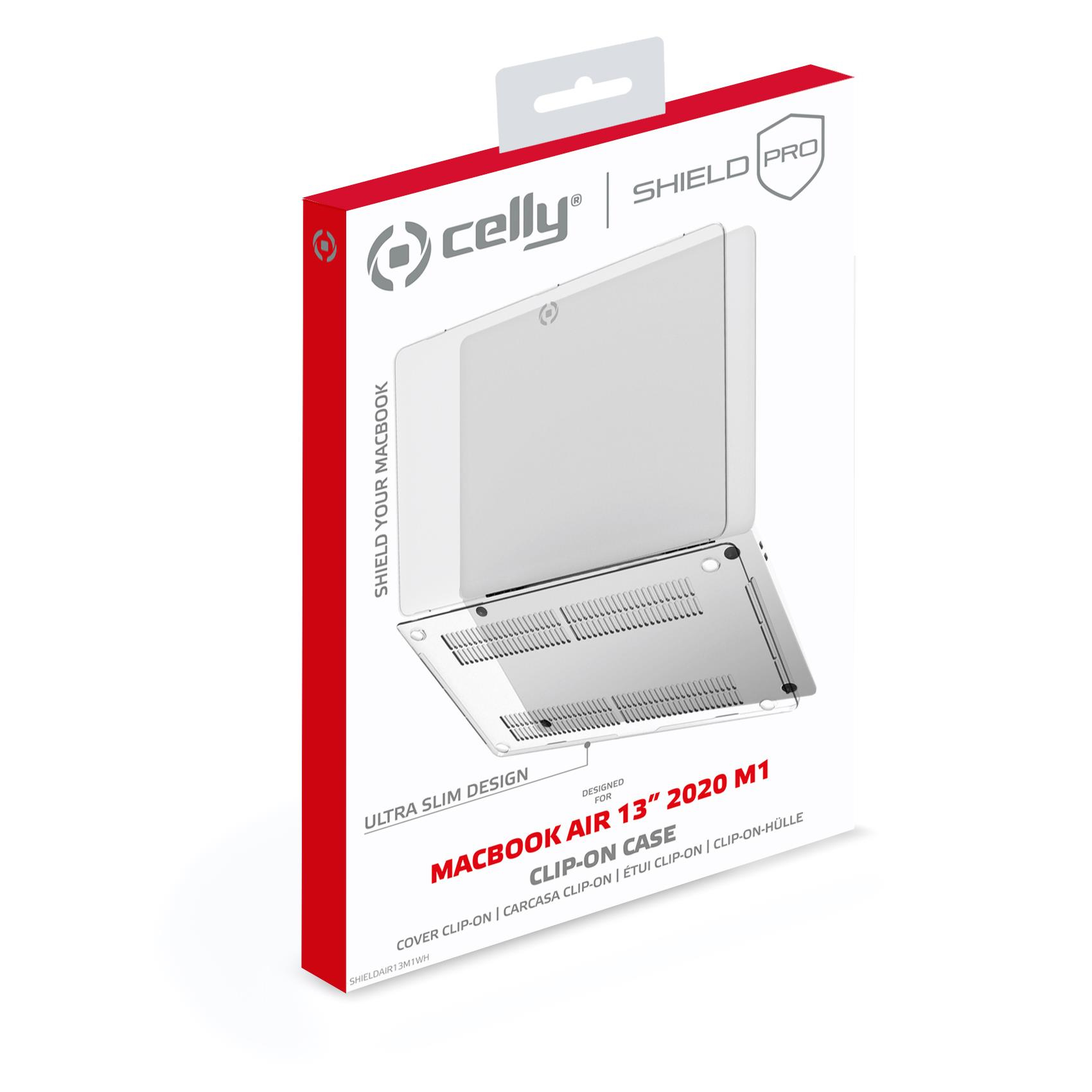 Eine Schachtel zeigt eine Laptop-Hülle. Sie ist weiß und grau mit roten Akzenten. Der Markenname ist Celly.