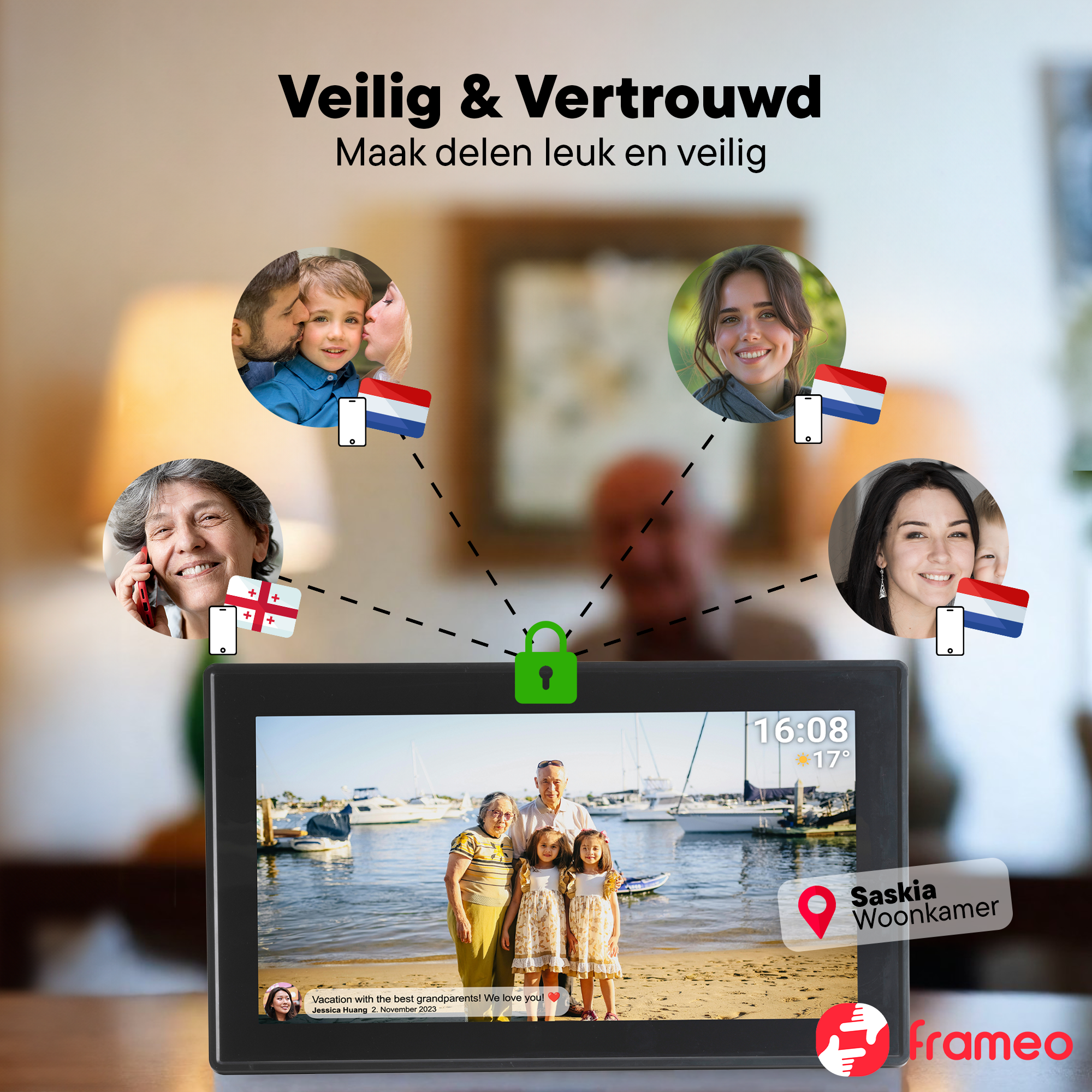 Cyfrowa ramka ze zdjęciem rodzinnym. Inne obrazy pokazują osoby i flagi. Tekst mówi: 'Bezpieczny i zaufany'.