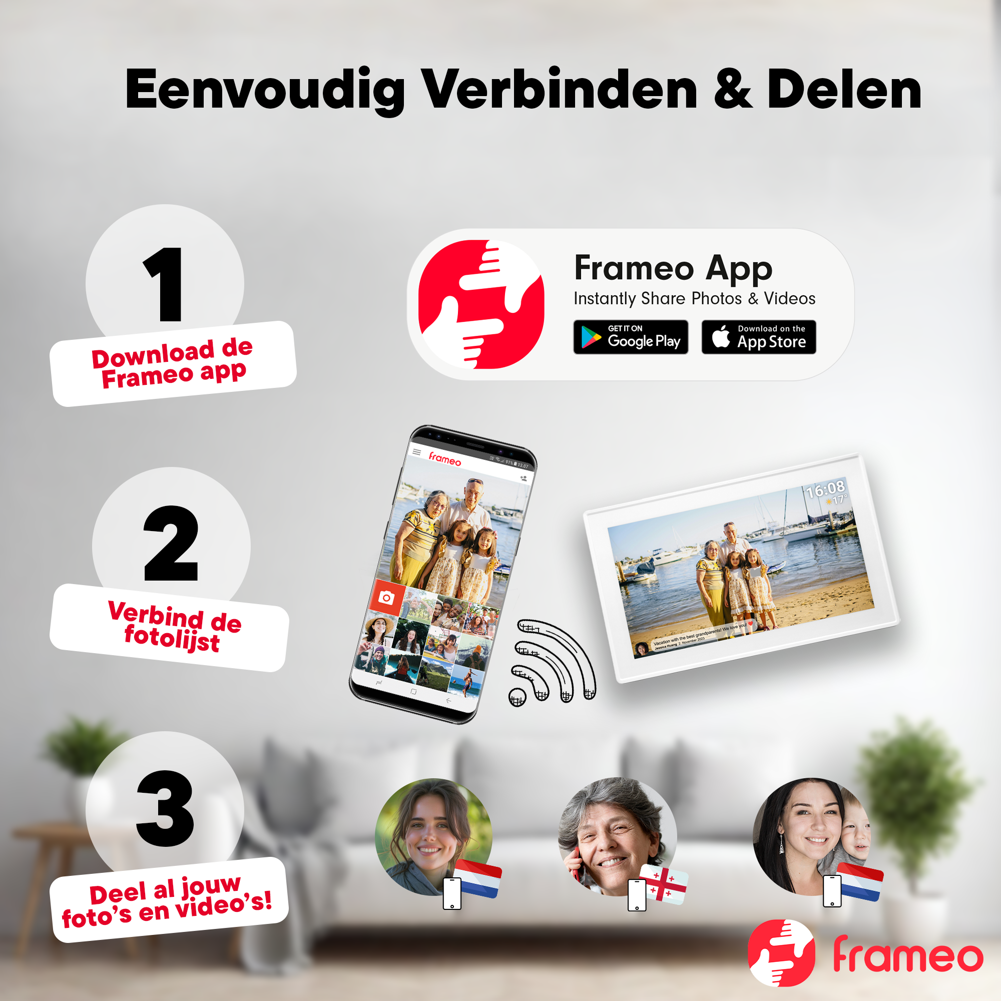 Werbung zeigt die Frameo-App. Anweisungen: App herunterladen, Fotorahmen verbinden und Fotos und Videos teilen.