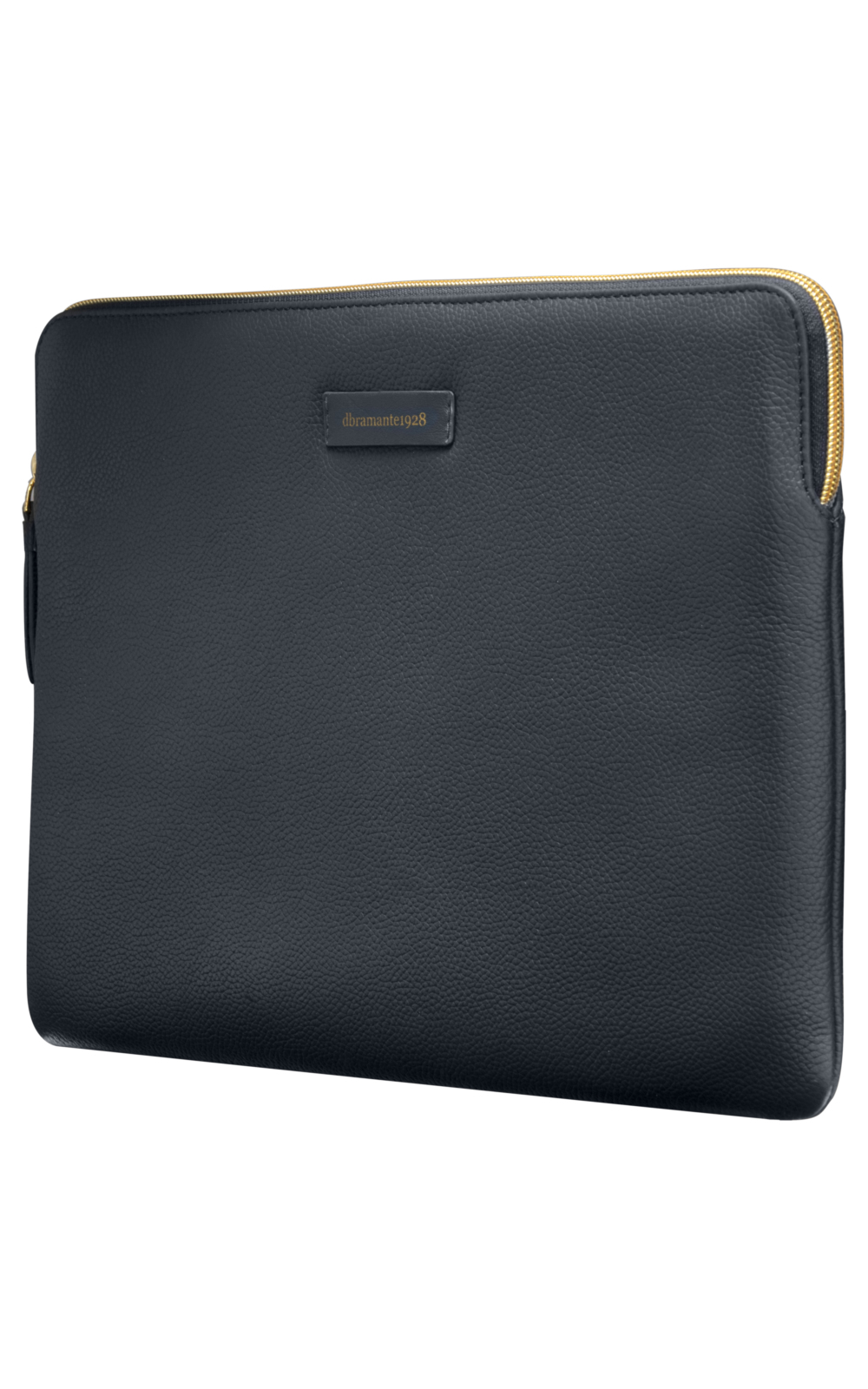 Eine dunkelblaue Laptop-Hülle aus Leder mit goldenem Reißverschluss. Der Markenname 'dramante1928' ist sichtbar.