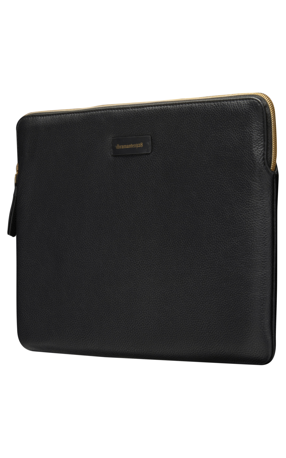 Schwarze Laptoptasche aus Leder mit goldenem Reißverschluss. Der Markenname 'dramante1928' steht auf einem kleinen Etikett.