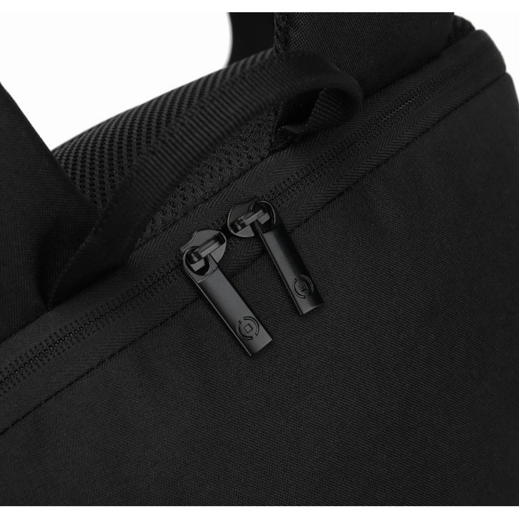 Nahaufnahme eines schwarzen Rucksacks mit zwei Reißverschlüssen. Die Reißverschlüsse sind geschlossen, der Hintergrund ist dunkel.
