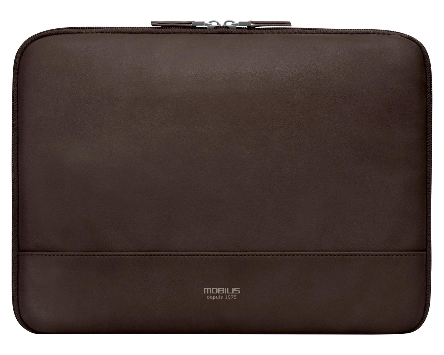 Eine braune Laptoptasche aus Leder mit Reißverschluss oben. Der Markenname 'MOBILIS depuis 1975' ist unten aufgedruckt.
