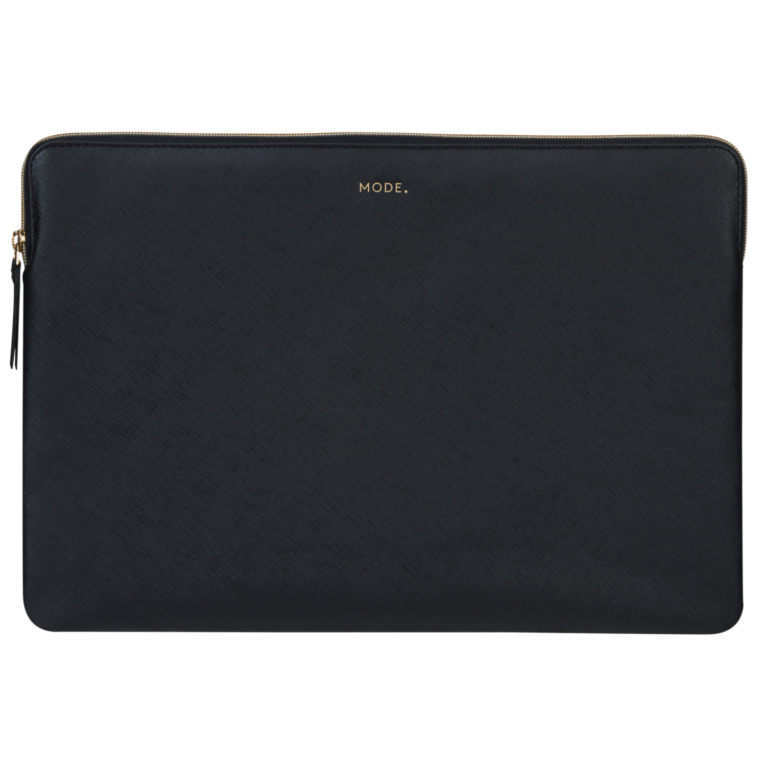 Eine schwarze Laptoptasche mit goldenem Reißverschluss und dem Wort 'MODE' in goldenen Buchstaben. Der Hintergrund ist weiß.