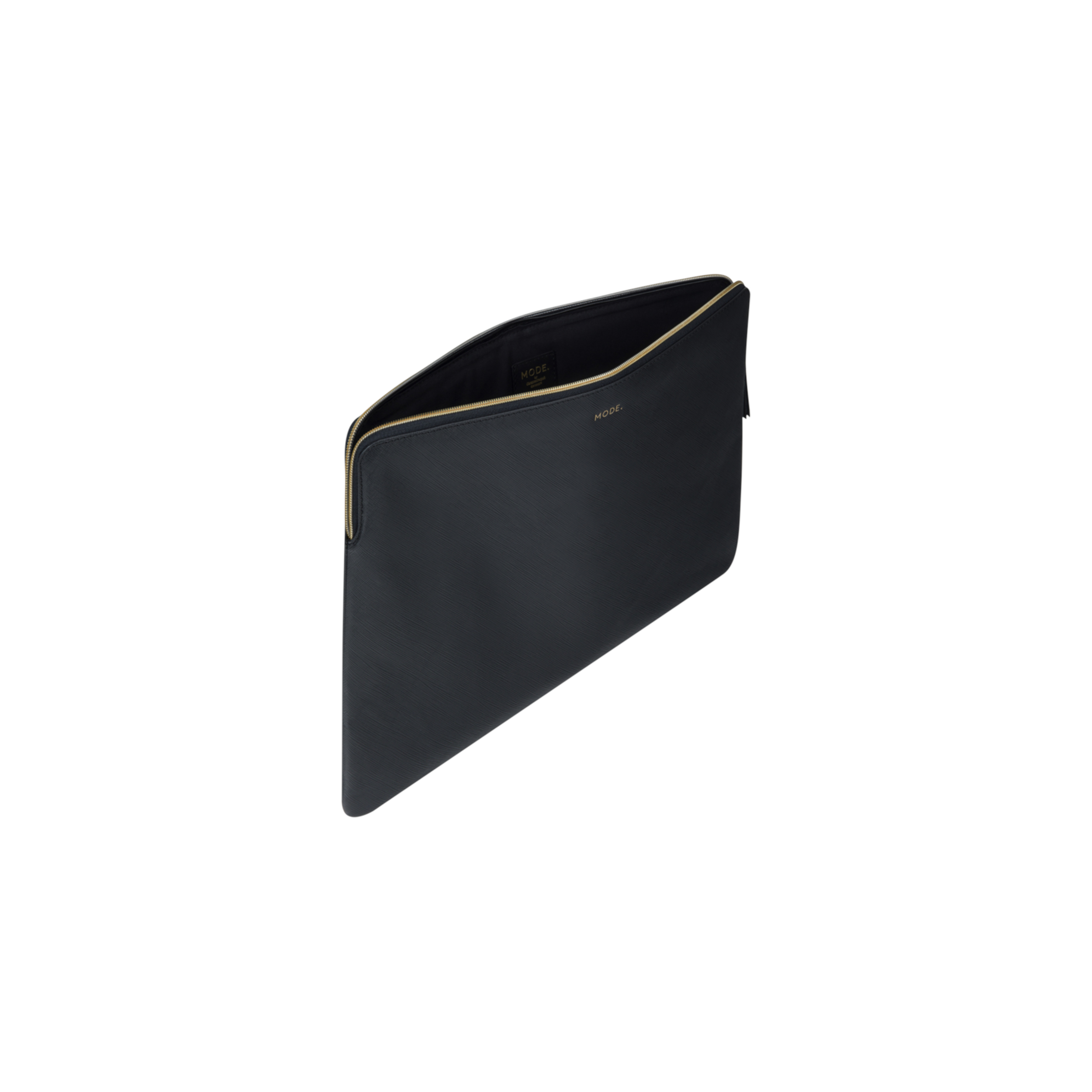 Eine schwarze Laptoptasche mit goldenem Reißverschluss. Die Innenseite ist schwarz. Der Markenname "MODE" ist sichtbar.