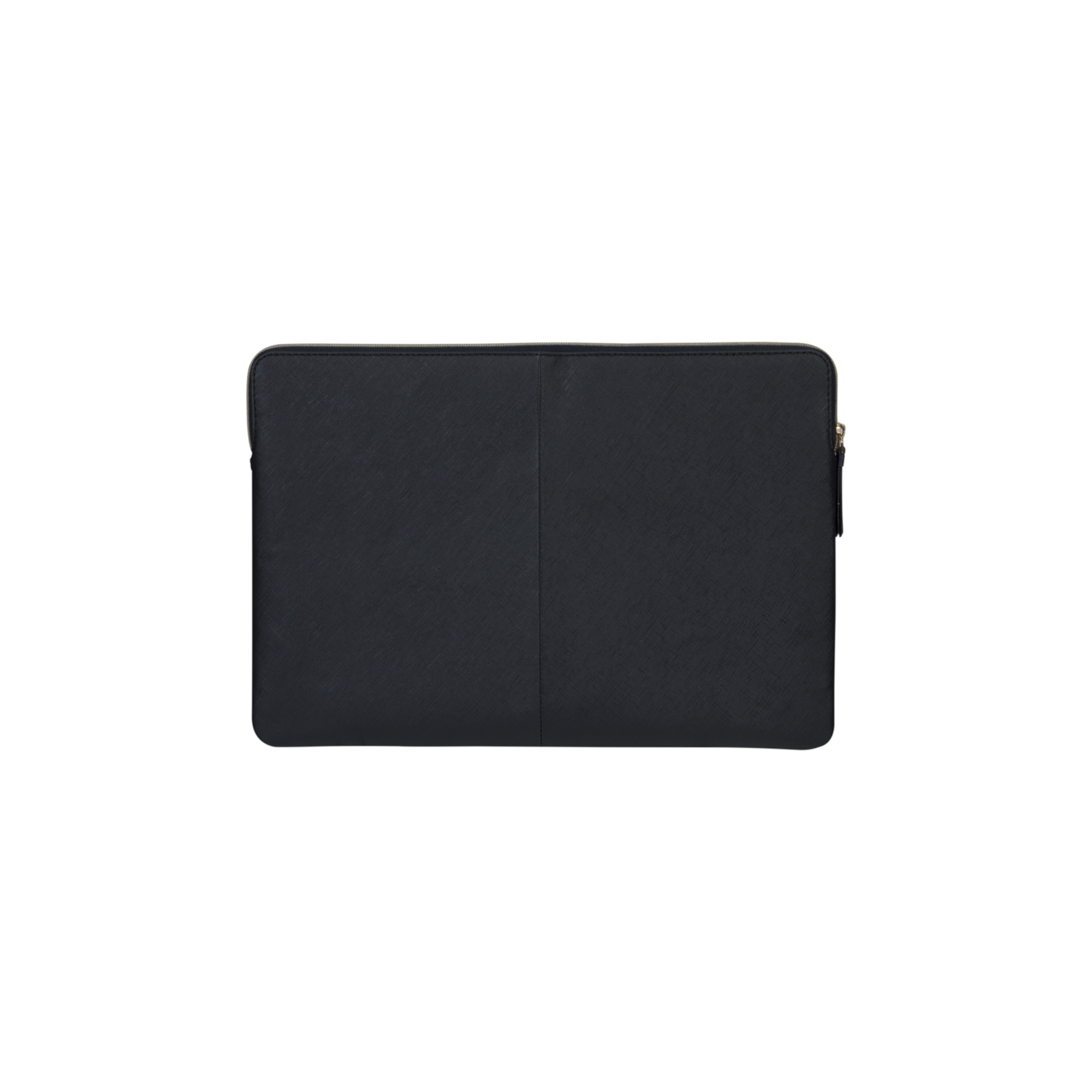 Eine schwarze Laptop-Hülle auf weißem Hintergrund. Sie hat einen Reißverschluss und eine strukturierte Oberfläche.