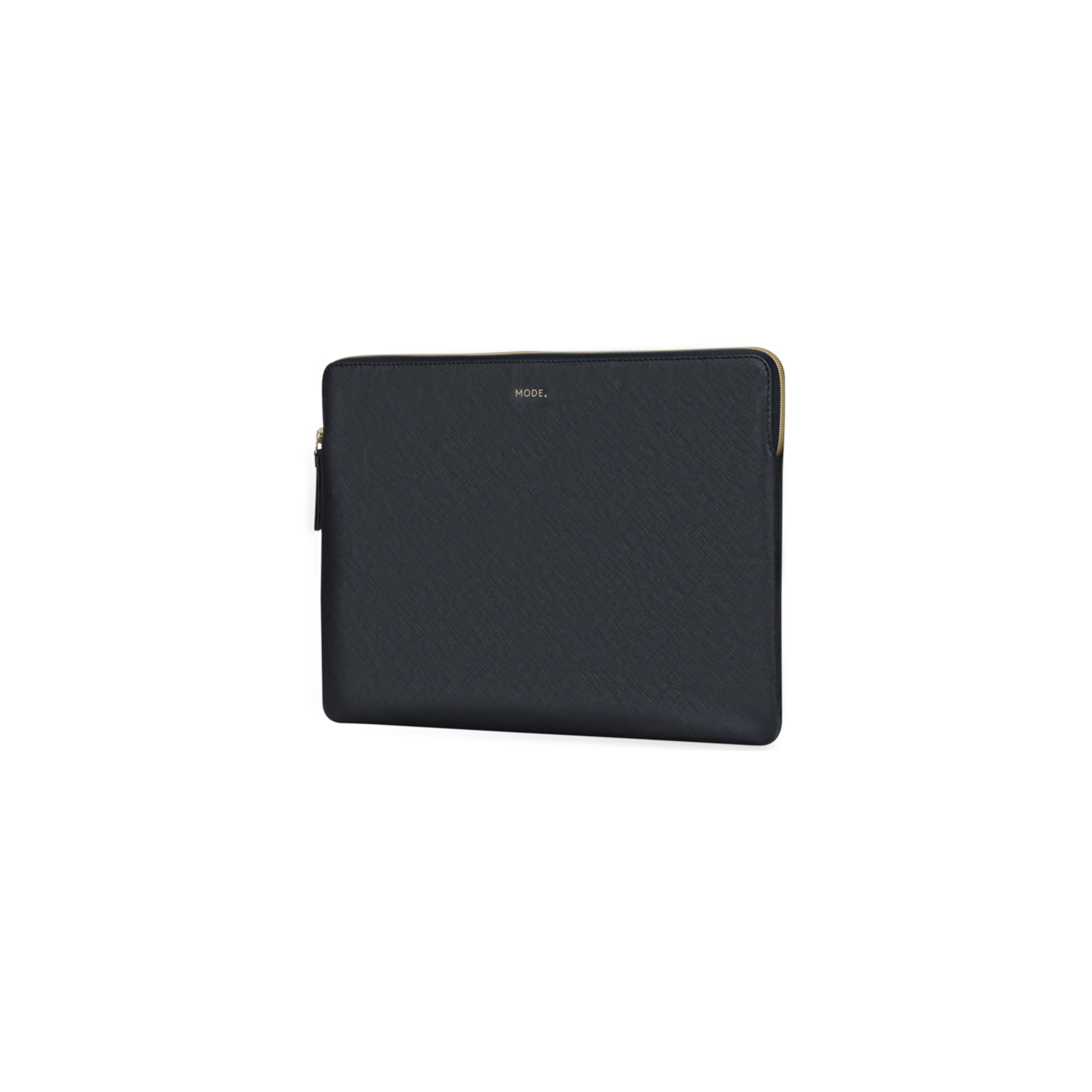 Eine schwarze Laptoptasche mit goldenem Reißverschluss. Das Wort "MODE." ist in Gold gedruckt. Weißer Hintergrund.
