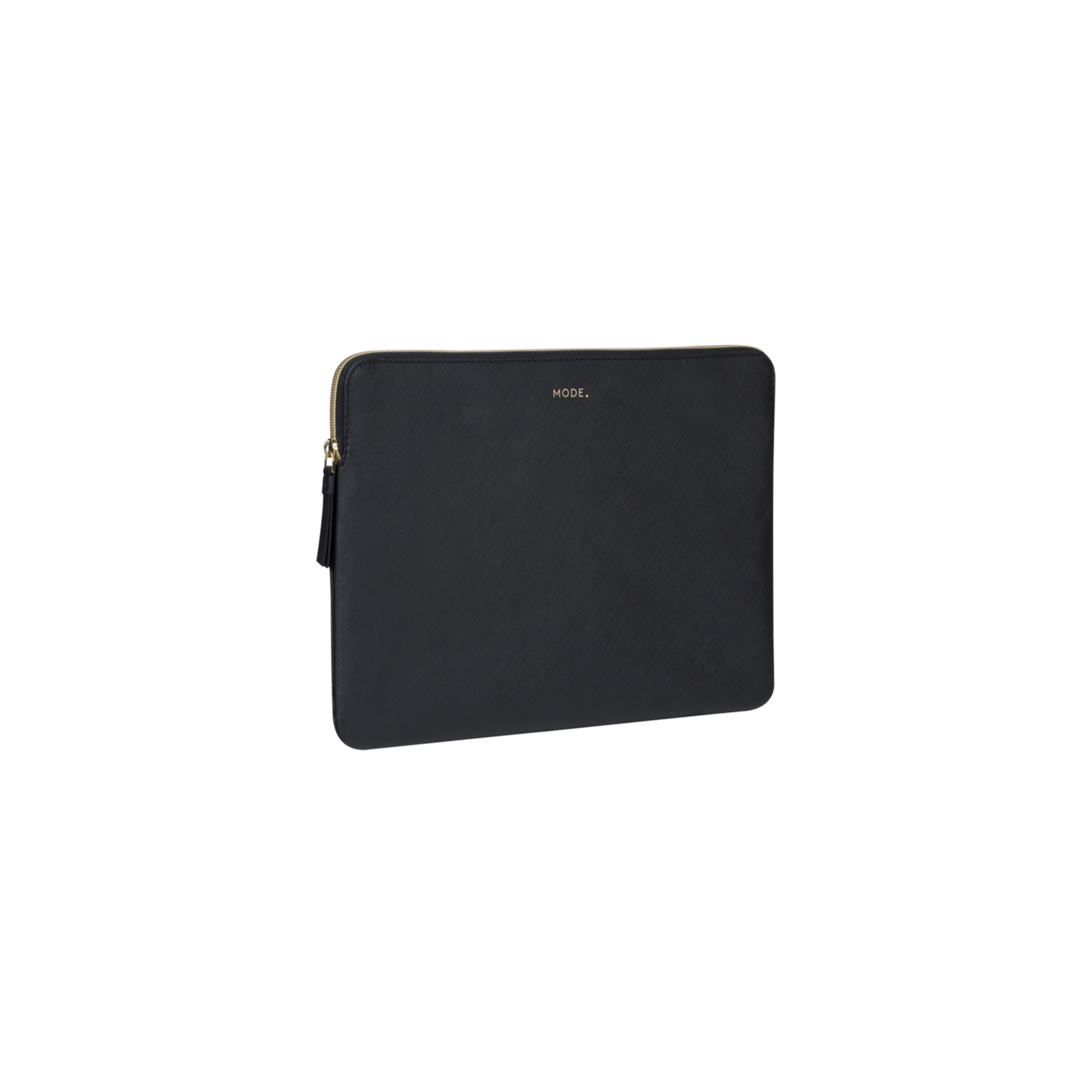 Eine schwarze Laptoptasche mit goldenem Reißverschluss und dem Wort 'MODE.' vor weißem Hintergrund.