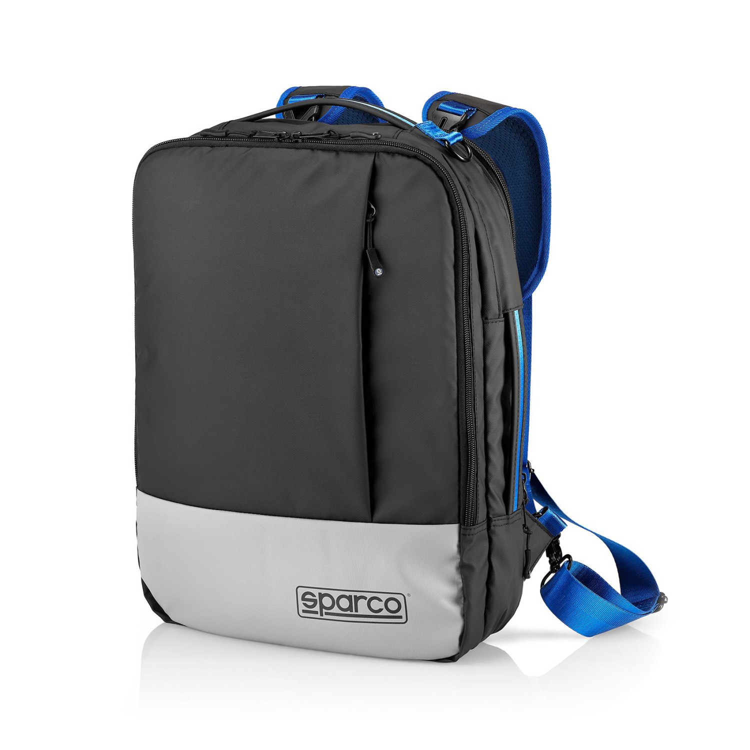 Schwarzer und grauer Rucksack mit blauen Akzenten. Er hat ein 'sparco'-Logo auf der Vorderseite.