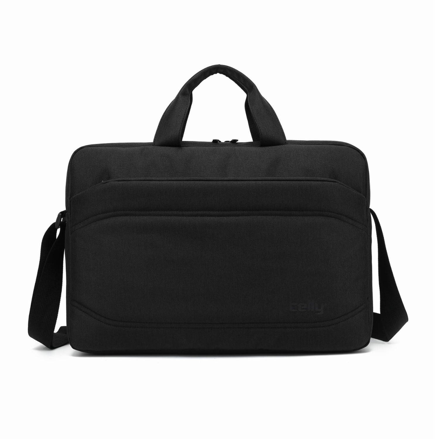 Schwarze Laptoptasche mit Griff und Schultergurt. Die Tasche hat eine Vordertasche und den Markennamen 'celly'.