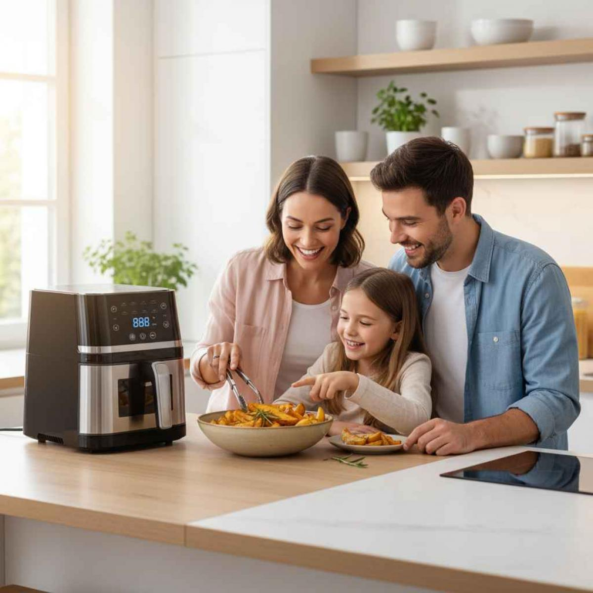 Eine Familie in einer Küche serviert Essen aus einer Schüssel. Auf der linken Seite befindet sich eine Heißluftfritteuse. Die Familie lächelt.