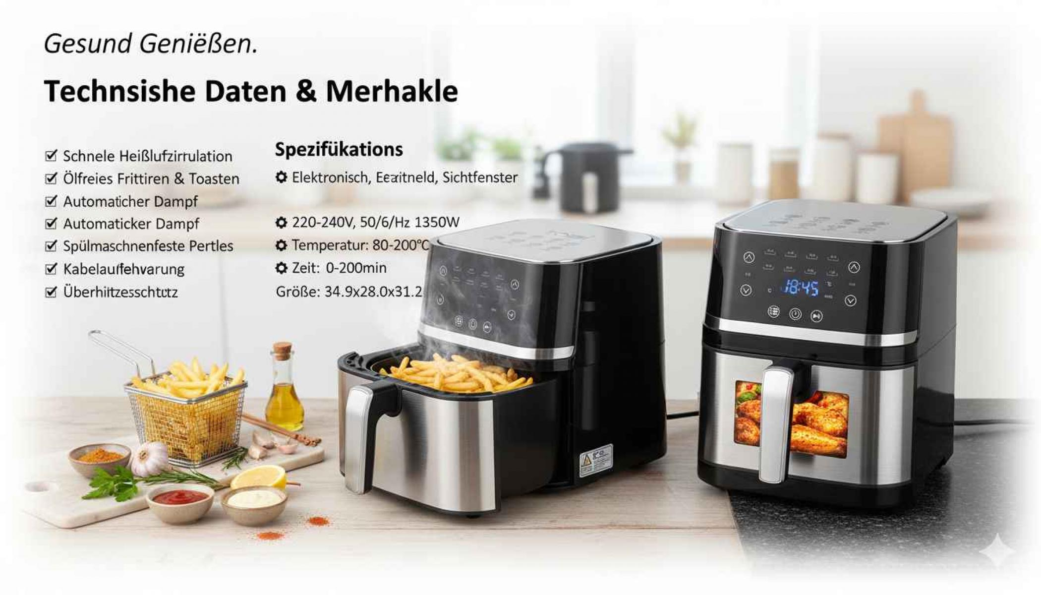 Zwei Fritteusen mit Pommes und Hähnchen. Text enthält Spezifikationen. Küchenumgebung mit Gewürzen und Öl.
