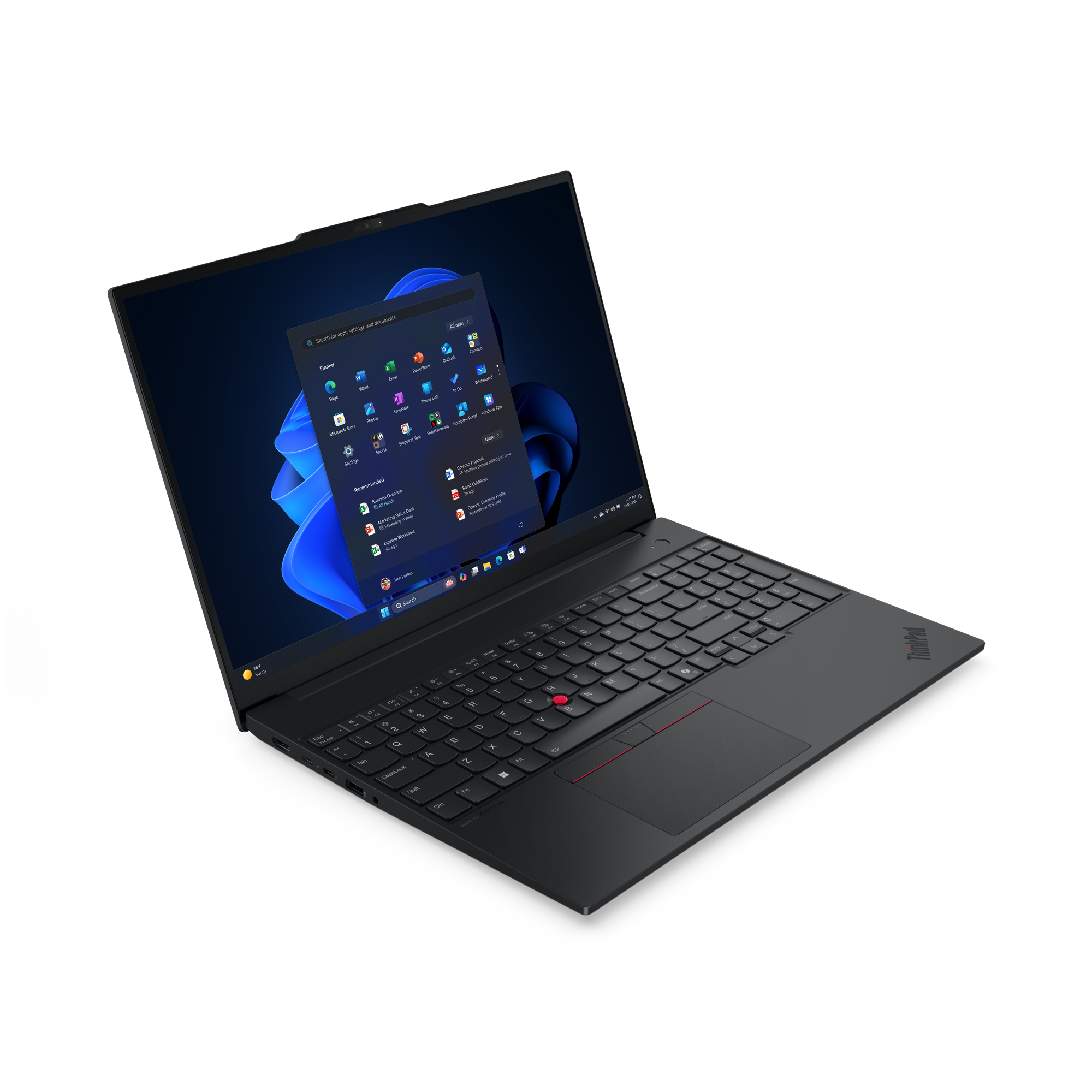 Czarny laptop Lenovo ThinkPad na białej powierzchni. Ekran pokazuje interfejs Windows 11.
