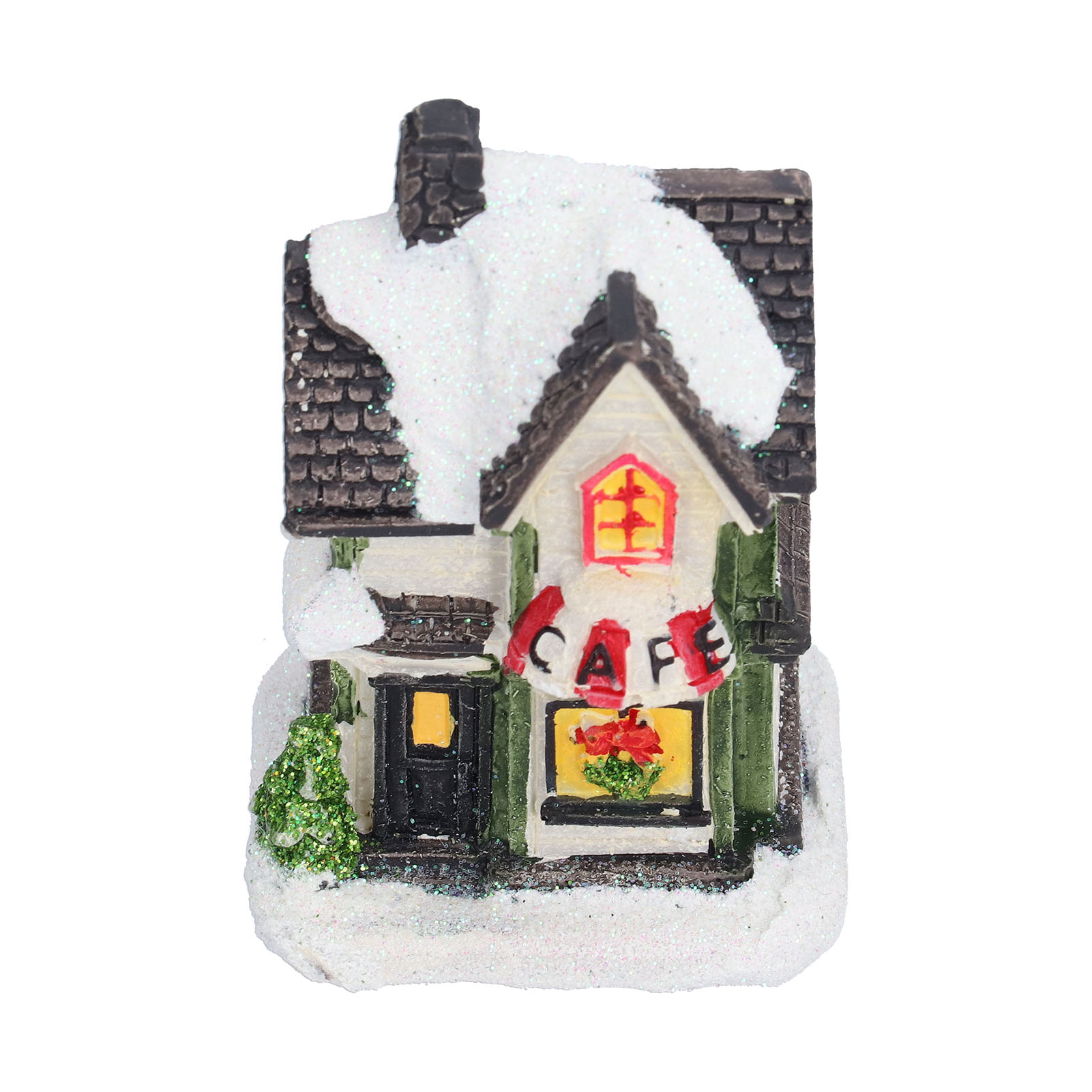 Ein mit Schnee bedecktes Miniaturcafé. Es hat ein rotes 'CAFE'-Schild, ein rotes Fenster und einen kleinen grünen Baum. Das Dach ist dunkel.