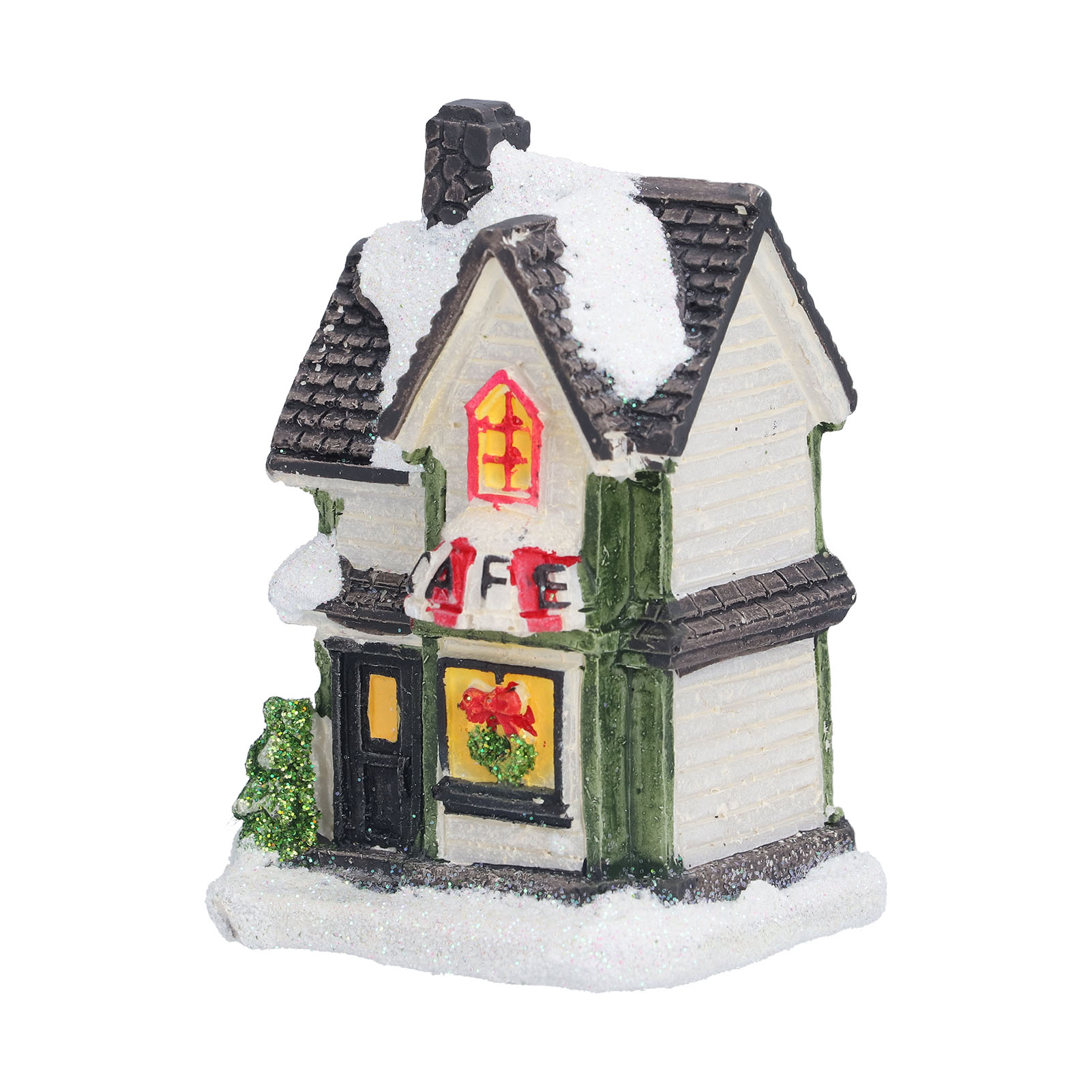 Ein Miniaturcafé mit Schnee auf Dach und Sockel. Es hat ein rotes Schild und einen Kranz im Fenster. Links ist ein kleiner Baum.