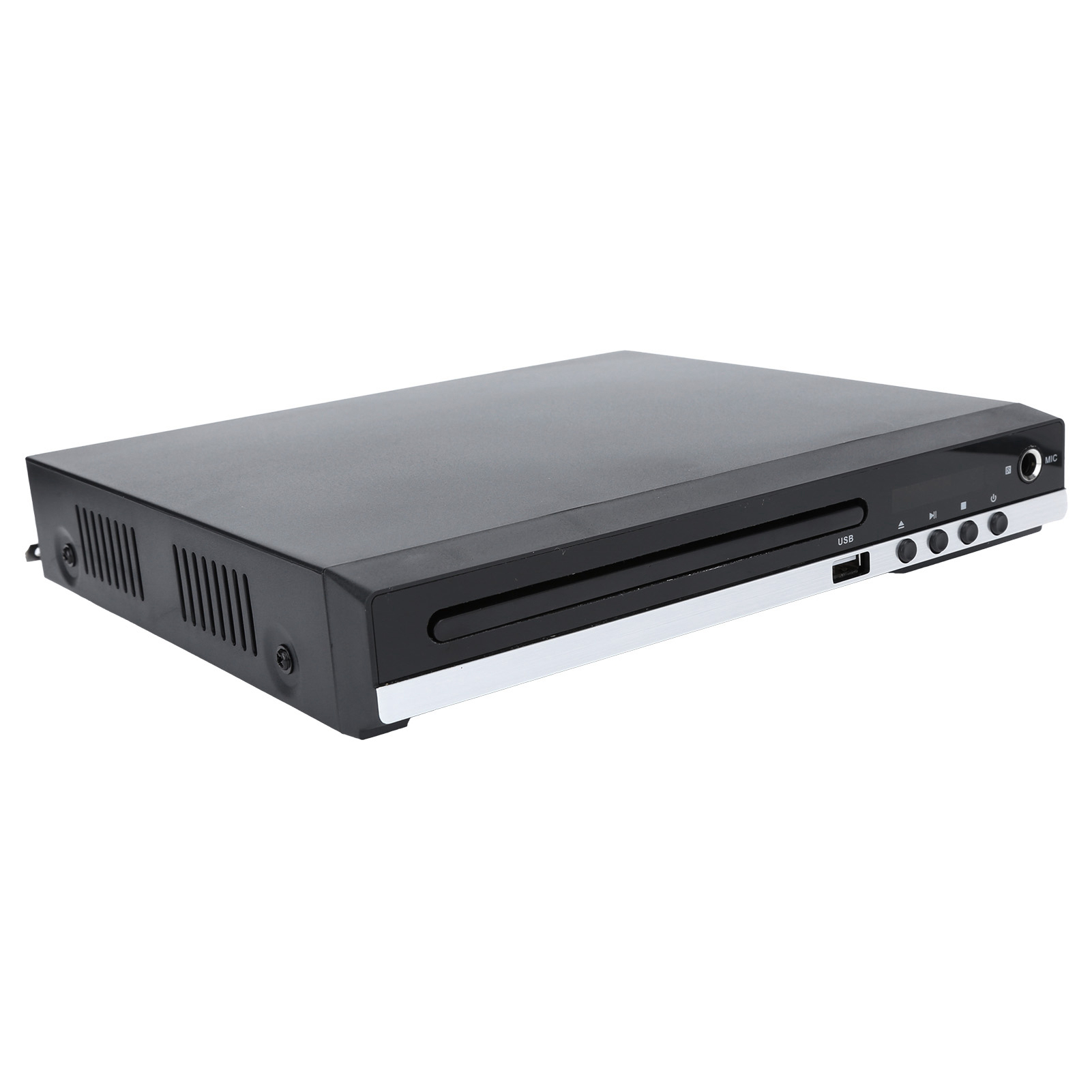 Schwarzer DVD-Player mit silberner Zierleiste. Er hat einen Schlitz für Discs, Knöpfe, einen USB-Anschluss und einen MIC-Eingang.