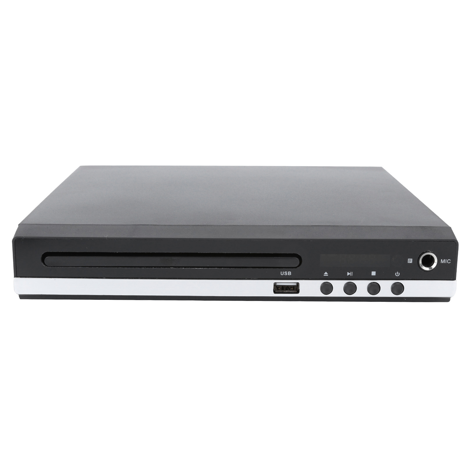 Ein schwarzer DVD-Player auf weißer Oberfläche. Zu den Merkmalen gehören ein USB-Anschluss, eine Ein-/Aus-Taste und diverse Bedienelemente.