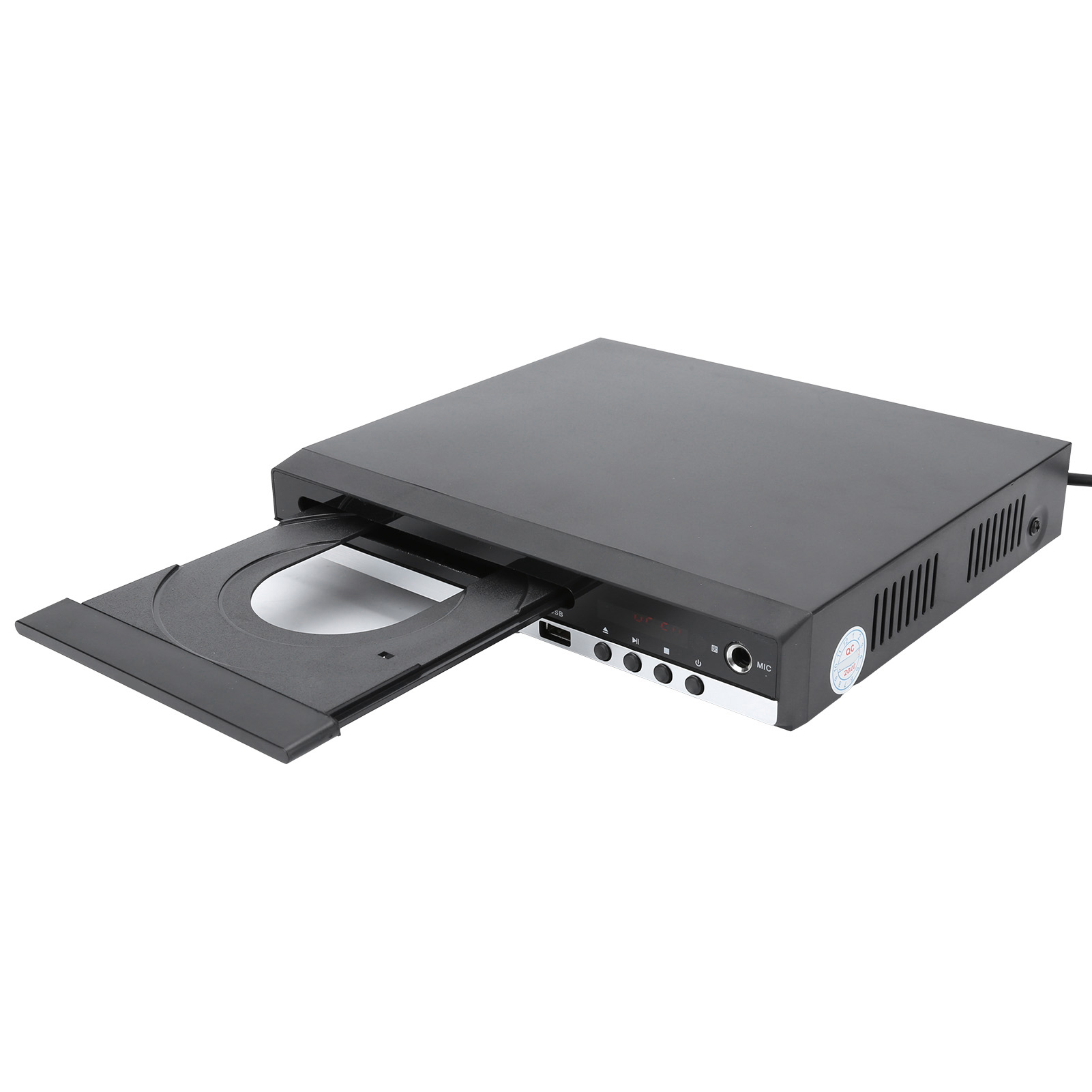 Schwarzer DVD-Player mit offenem Fach. Knöpfe und Display auf der Vorderseite. Das Disc-Fach ist offen, bereit für eine Disc.