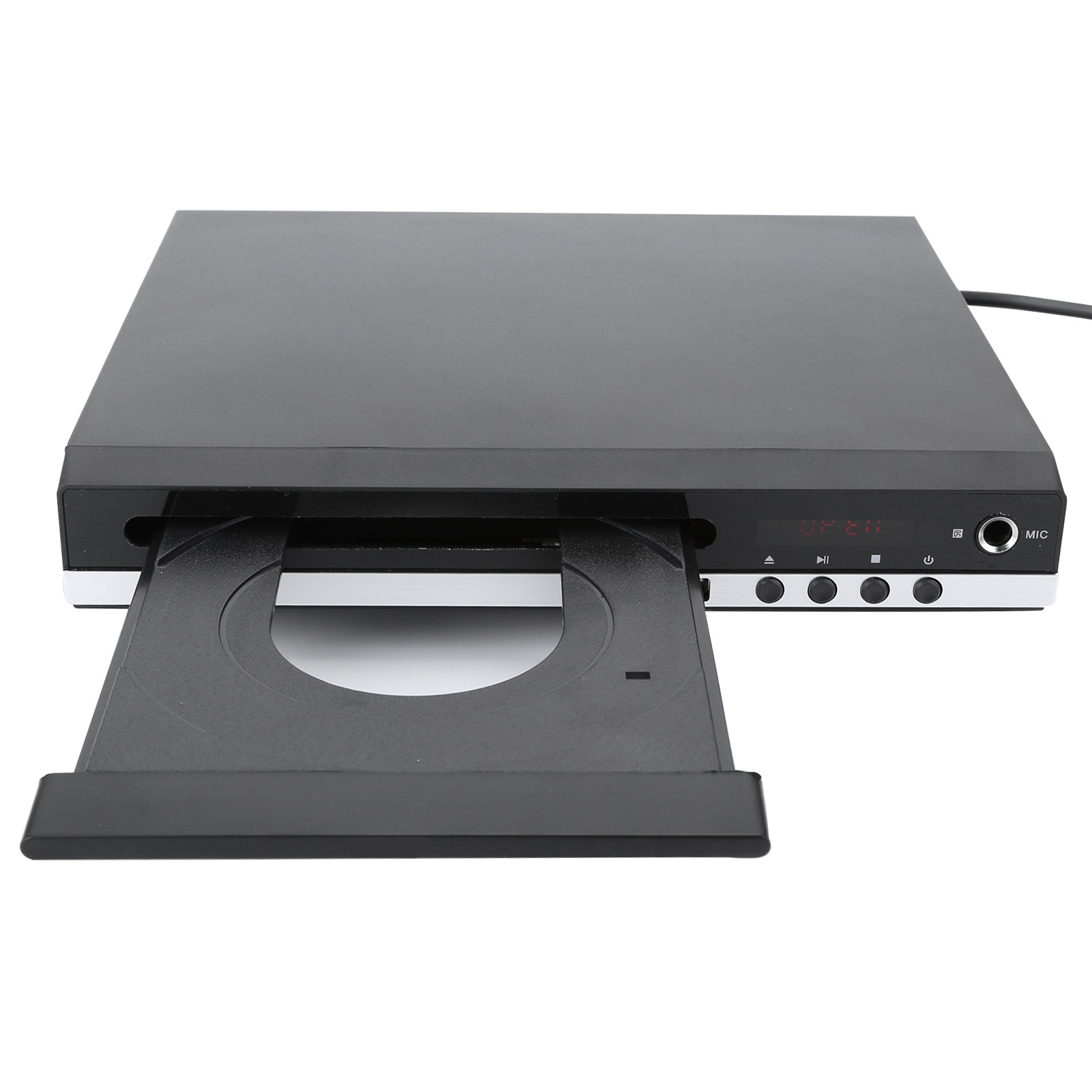Ein schwarzer DVD-Player mit offenem Fach. Er hat Bedienelemente und ein Display. Der Hintergrund ist weiß.