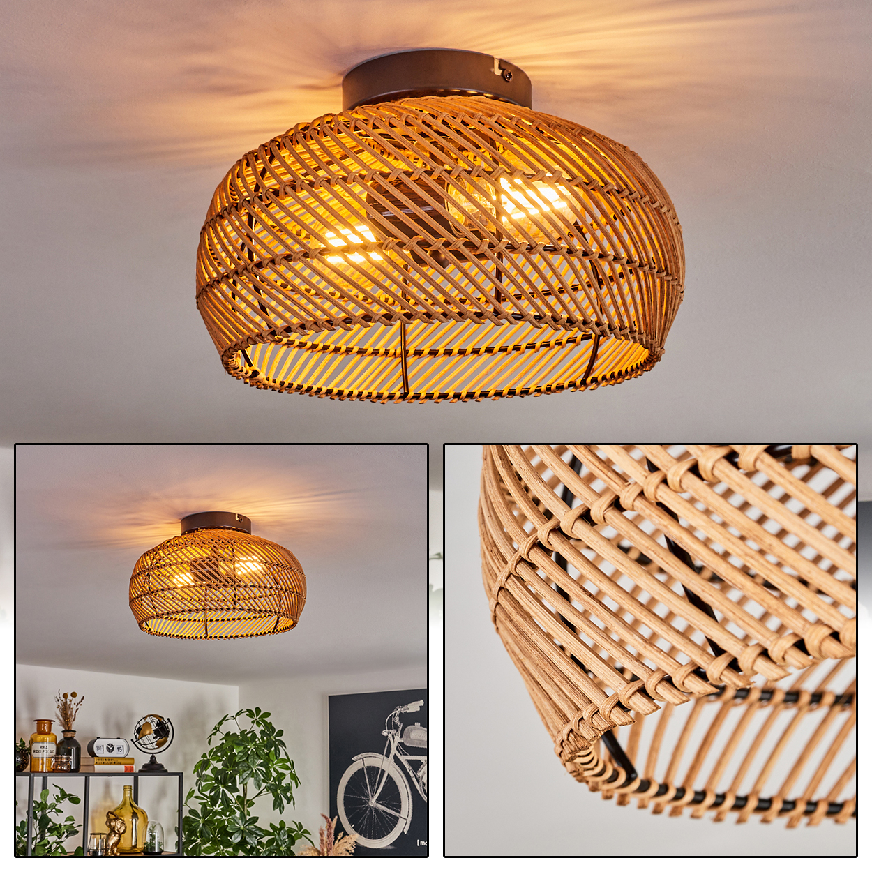 Eine Deckenlampe aus gewebtem Rattan beleuchtet einen Raum. Die Lampe ist braun und rund, mit Licht, das durch das gewebte Muster scheint.
