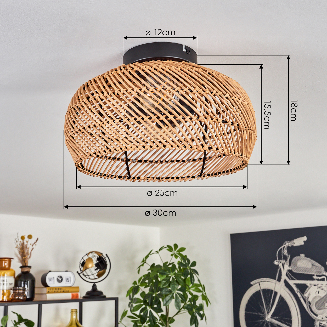 Eine Deckenlampe aus Weide mit Maßen. Die Lampe hängt über einem Regal mit Dekorationen und einer Pflanze. Ein Fahrradbild rechts.