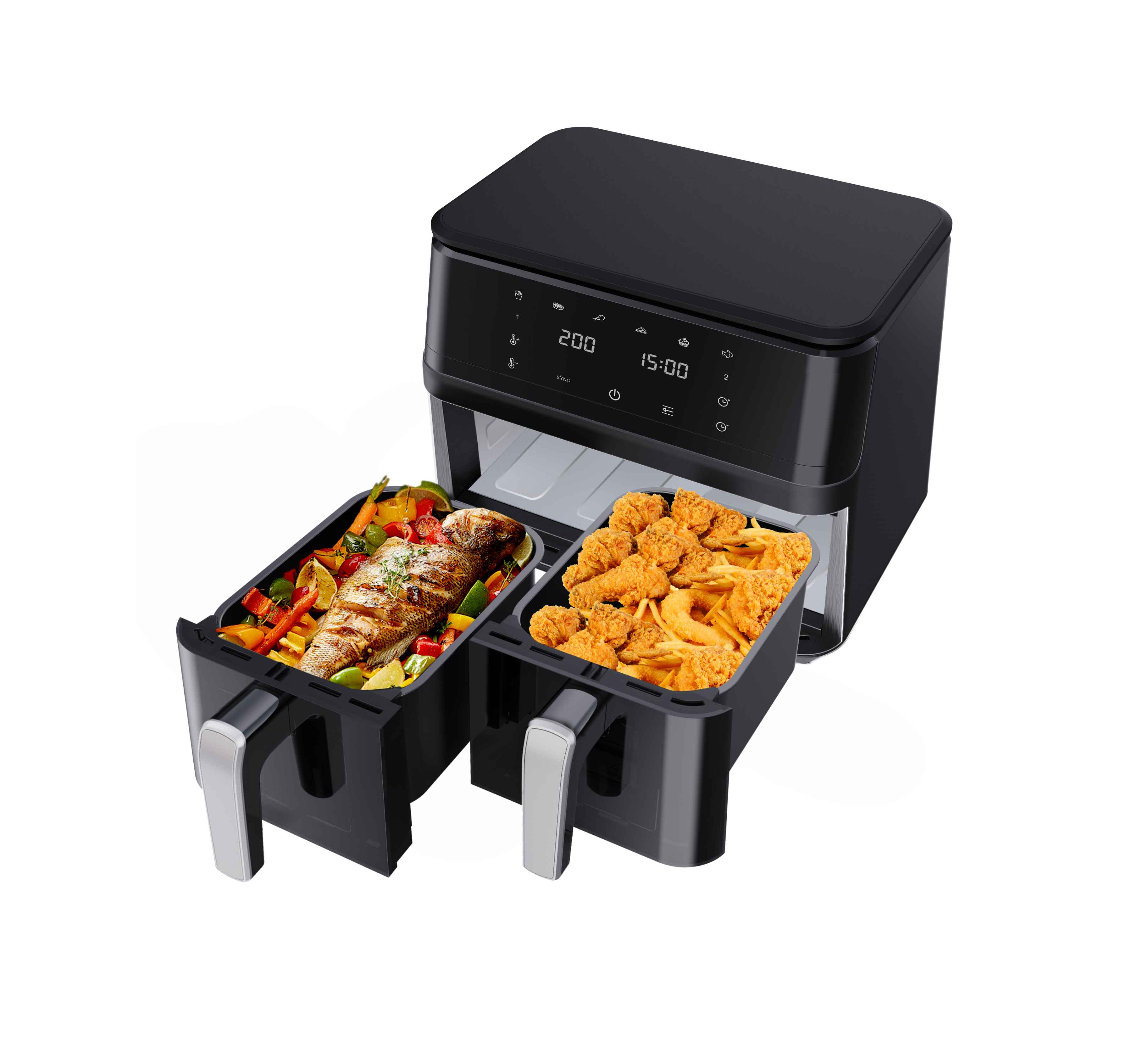 Schwarze Heißluftfritteuse mit zwei Fächern. Eins mit gegrilltem Fisch und Gemüse, das andere mit Frittiertem.
