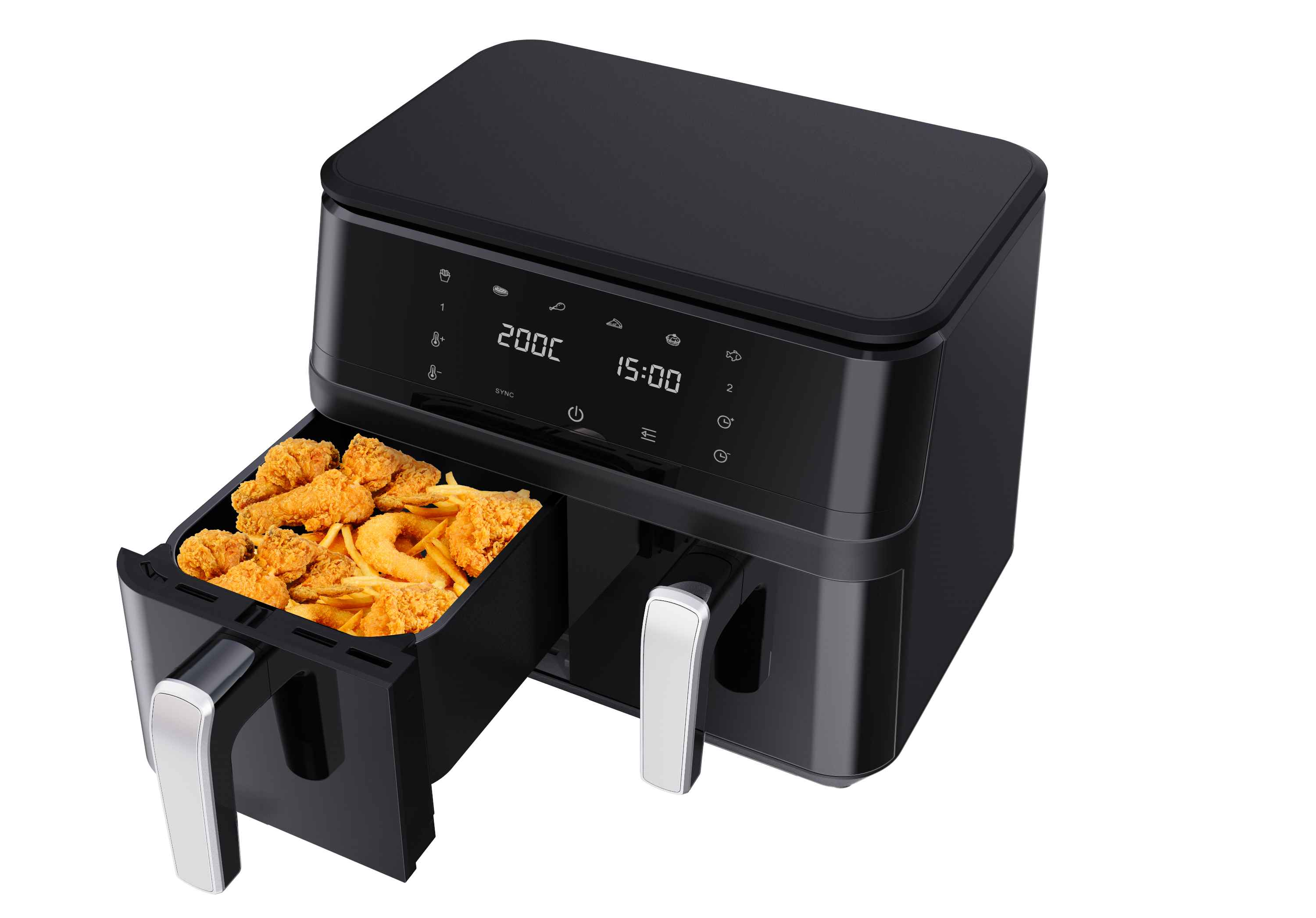 Schwarze Heißluftfritteuse mit offener Schublade mit frittierten Speisen und Digitalanzeige.
