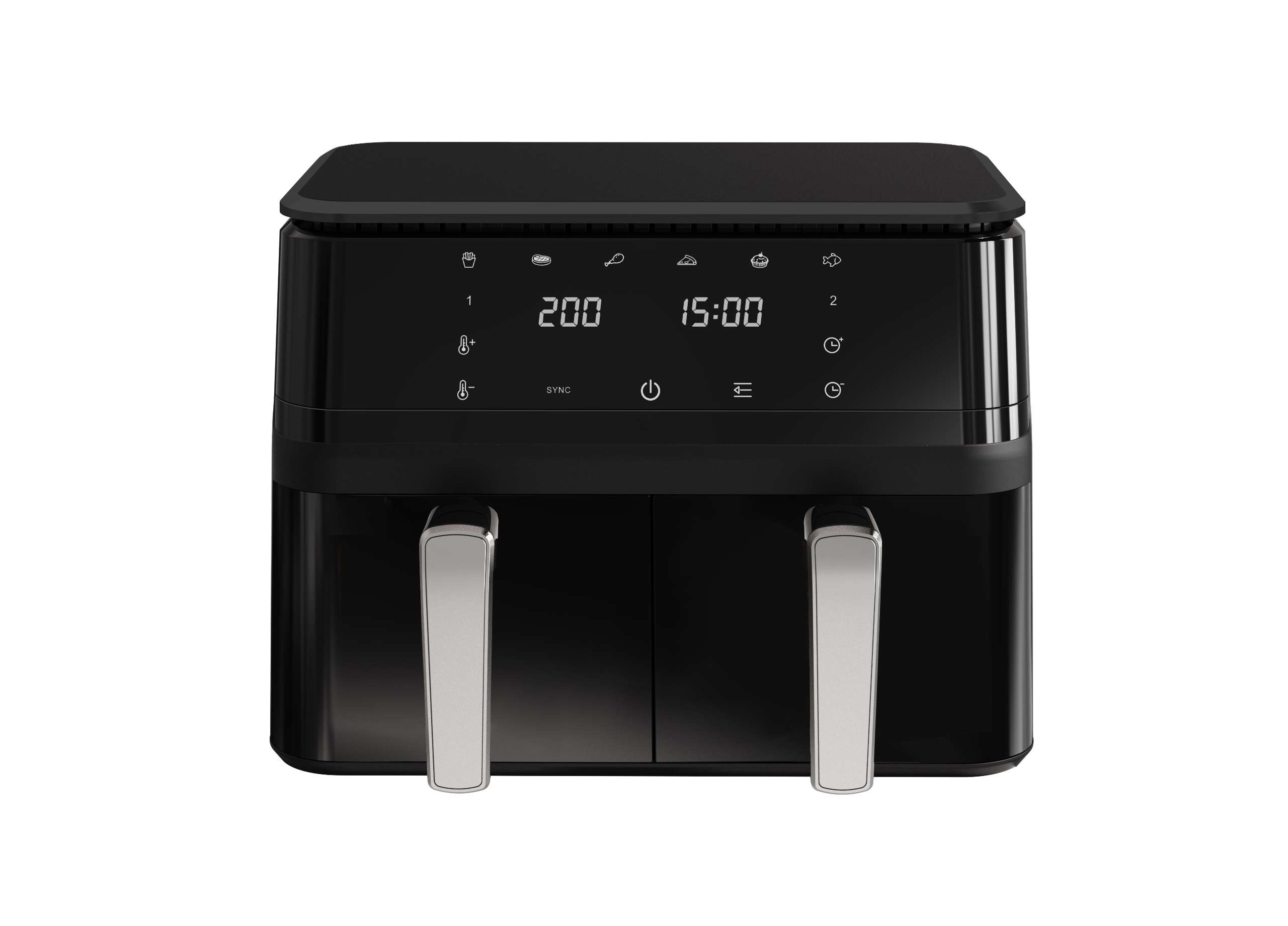 Eine schwarze Heißluftfritteuse mit Digitalanzeige, die Temperatur und Zeit anzeigt, silbernen Griffen und Knöpfen.
