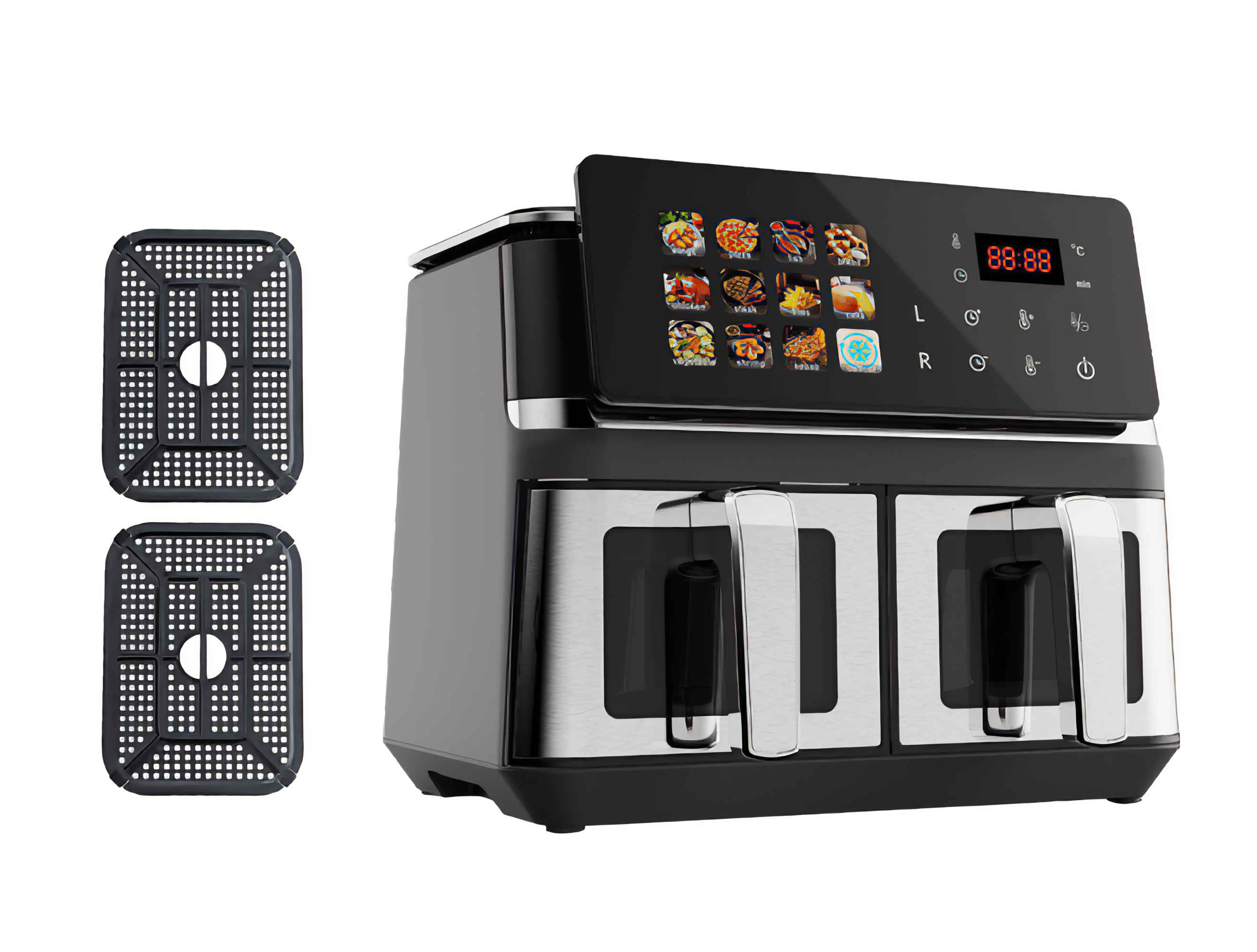 Schwarze Heißluftfritteuse mit Digitalanzeige. Zwei schwarze Tabletts sind links.