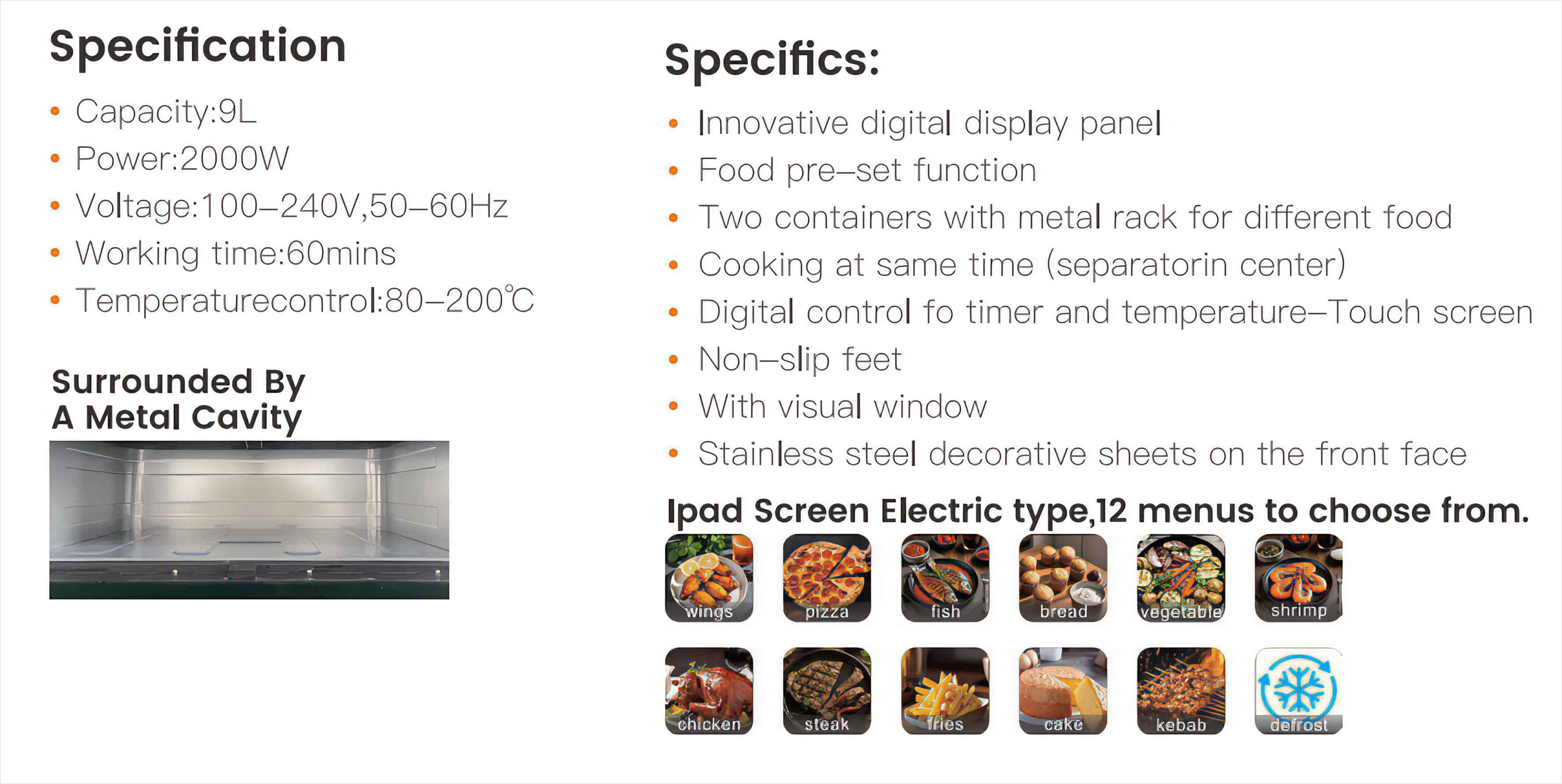 Ein Elektroofen mit Spezifikationen. Es zeigt 12 Speiseoptionen, wie Pizza und Huhn, und eine Innenansicht.