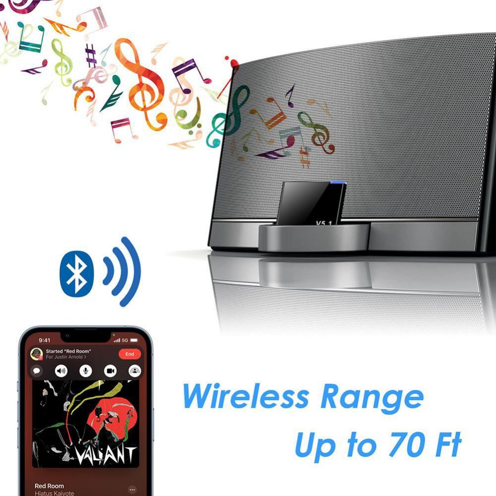 Ein Lautsprecher mit Telefon, das Musik anzeigt, Bluetooth-Symbol und Noten. Text: Wireless Range Up to 70 Ft.