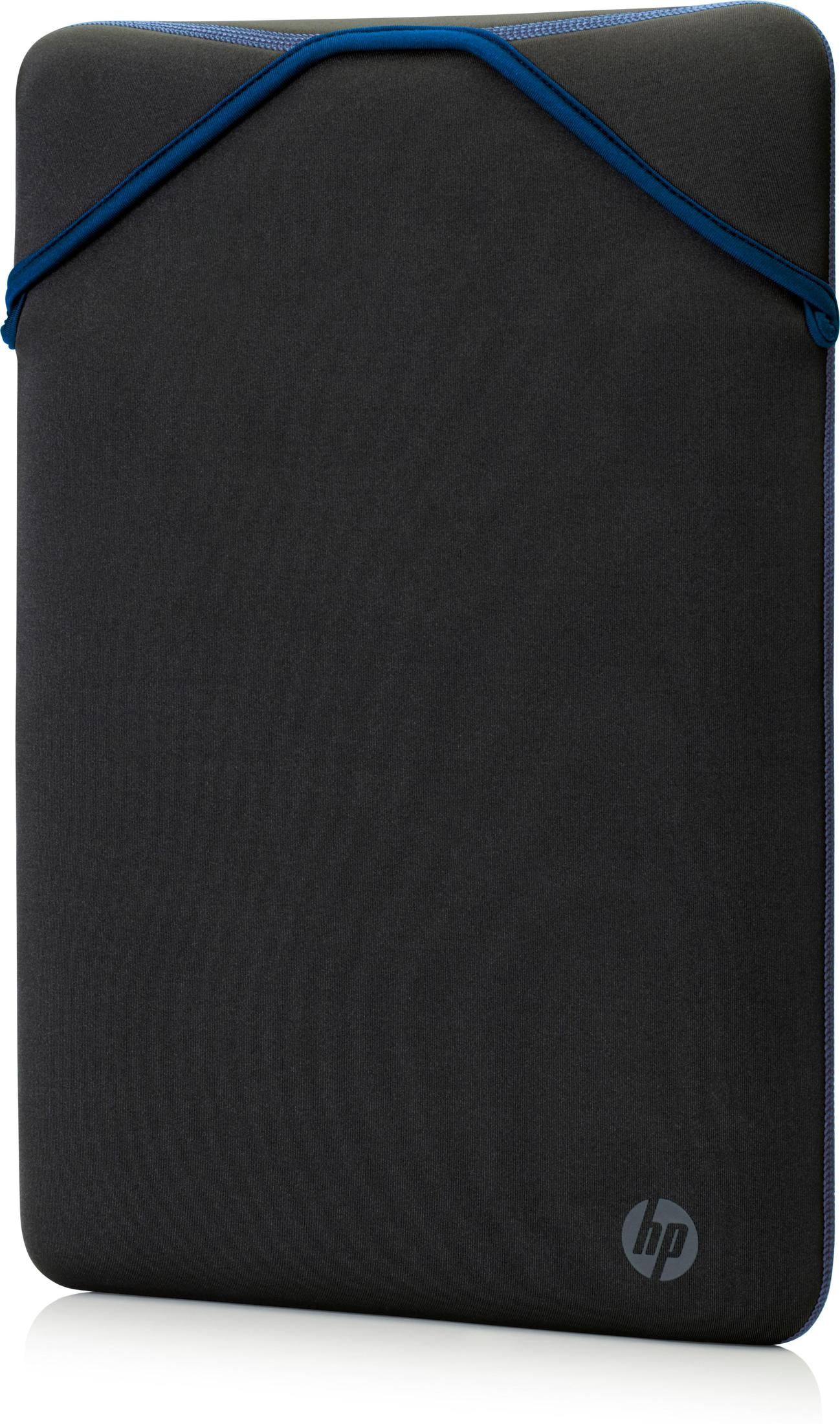 Una funda negra para portátil con ribete y acento azul. El logotipo de HP es visible. La funda está sobre una superficie blanca.