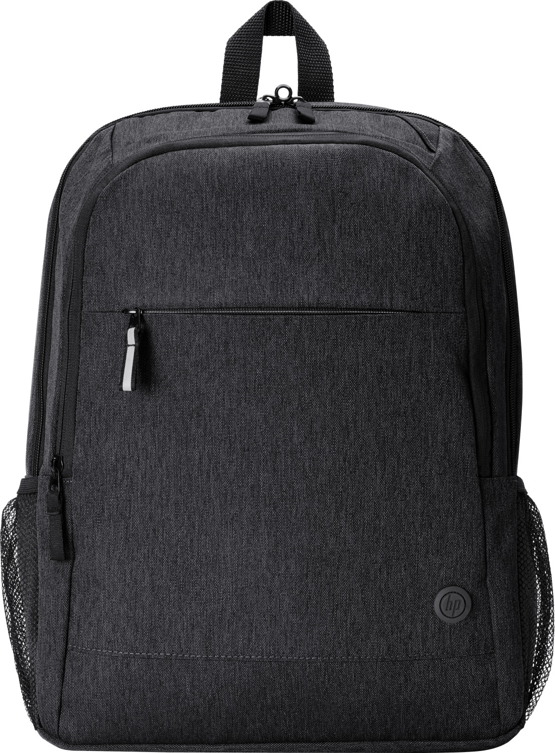 Ein schwarzer HP-Rucksack mit mehreren Reißverschlussfächern, einschließlich einer Vordertasche. Mit seitlichen Netztaschen und einem oberen Griff.
