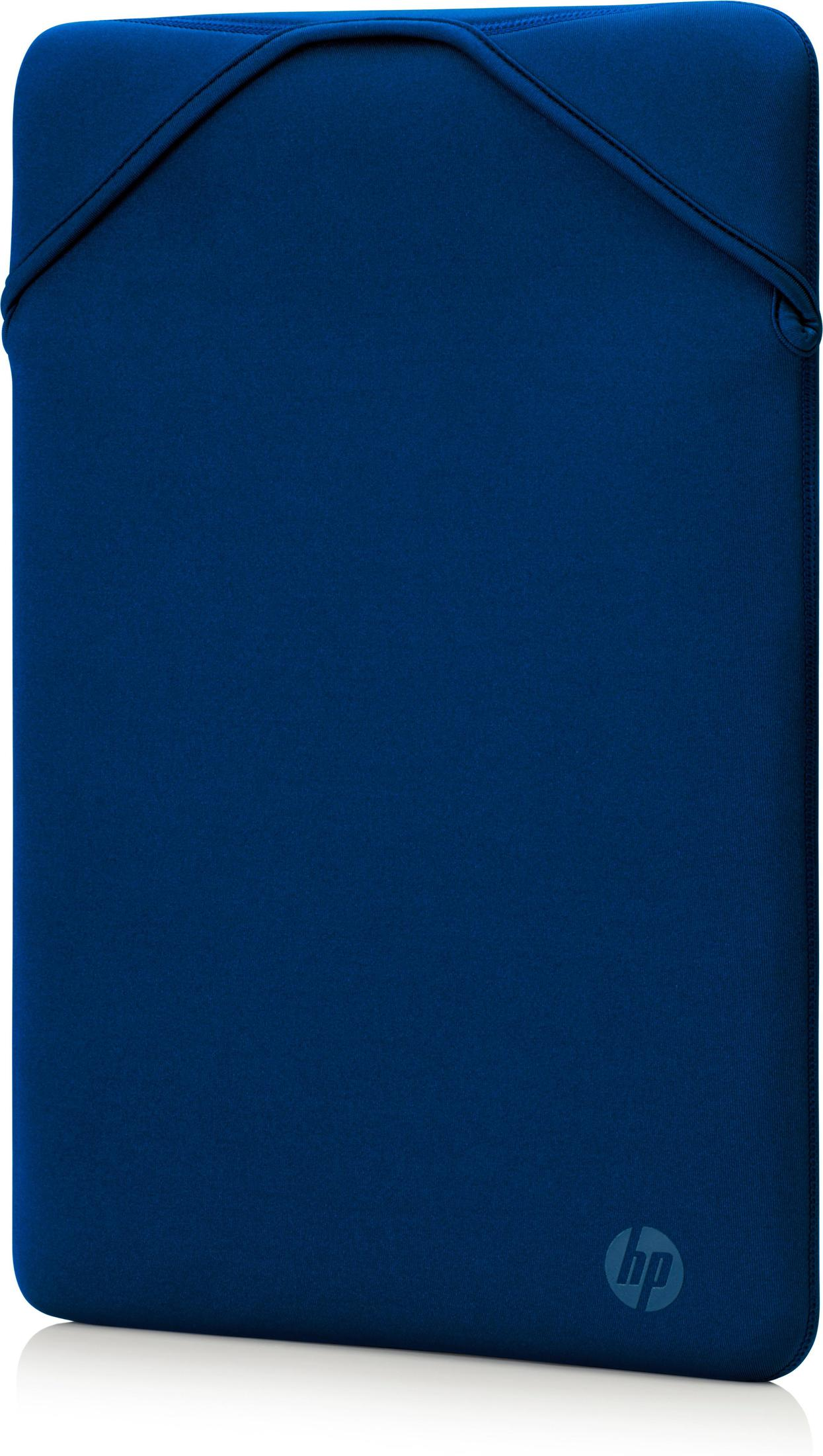 Una funda azul para portátil HP. La funda es rectangular con cremallera y un pequeño logotipo de HP en la esquina inferior derecha.