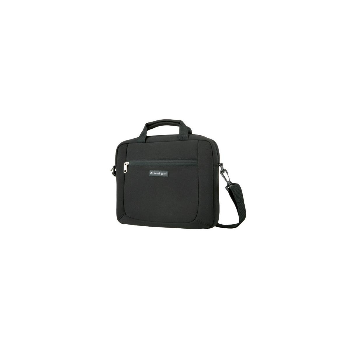 Eine schwarze Kensington-Laptoptasche mit Schulterriemen. Die Tasche hat einen Griff, eine Reißverschlusstasche und ein Kensington-Logo.