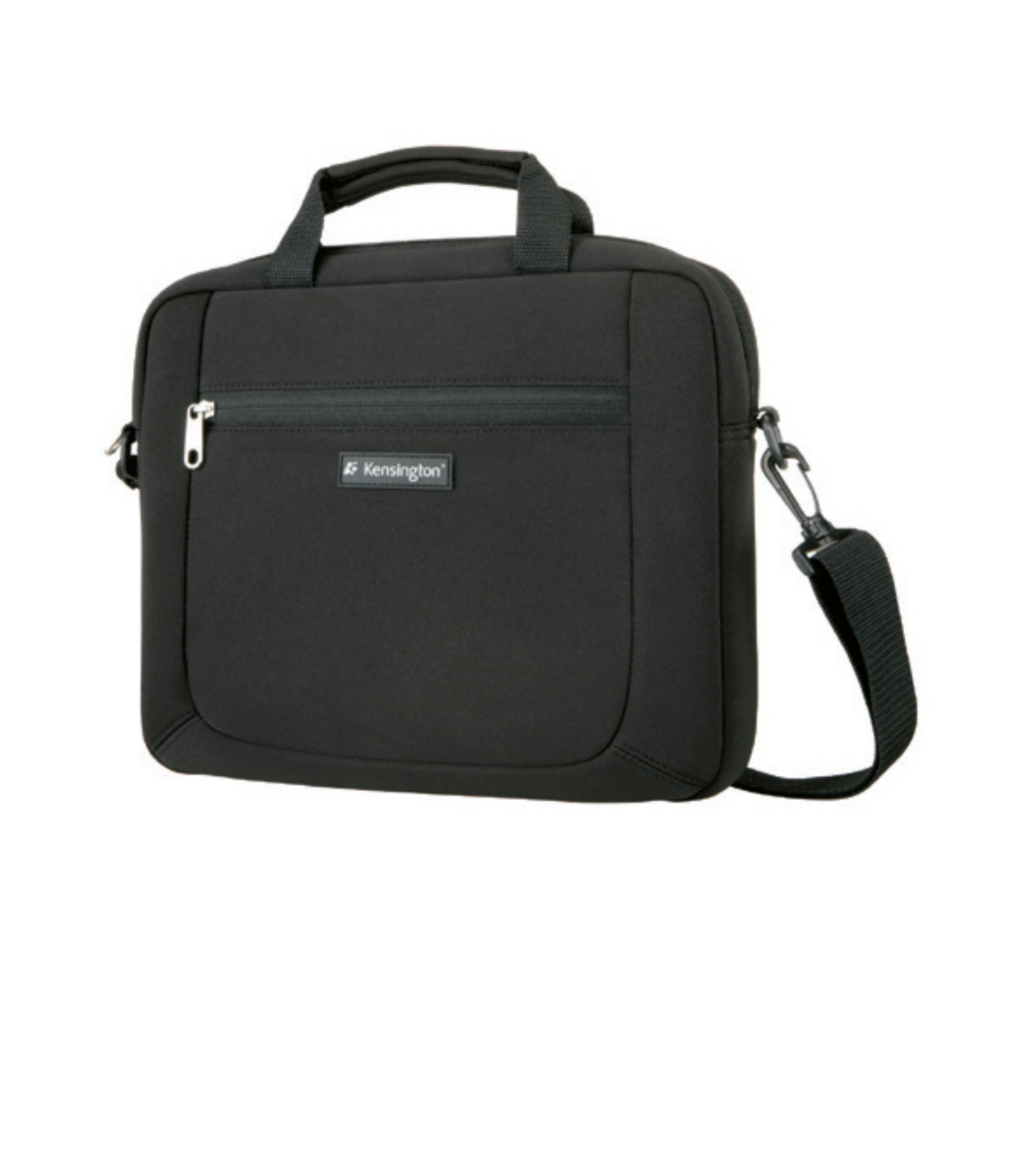 Schwarze Kensington-Laptoptasche mit Schultergurt und Griff. Mit Reißverschluss und Logo auf der Vorderseite.