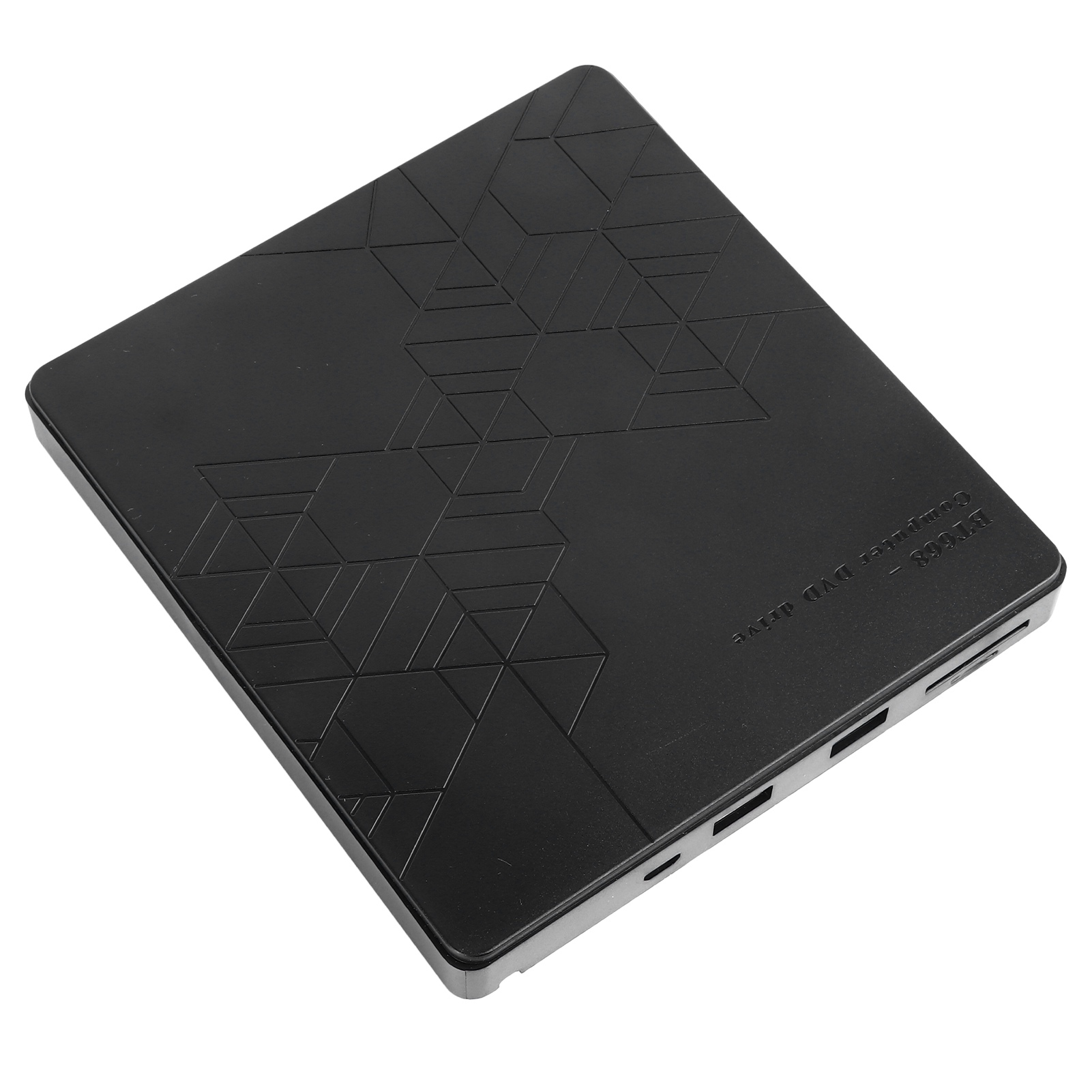 Ein schwarzes externes DVD-Laufwerk. Die Oberfläche hat ein geometrisches Muster. Es liegt auf einer weißen Oberfläche.