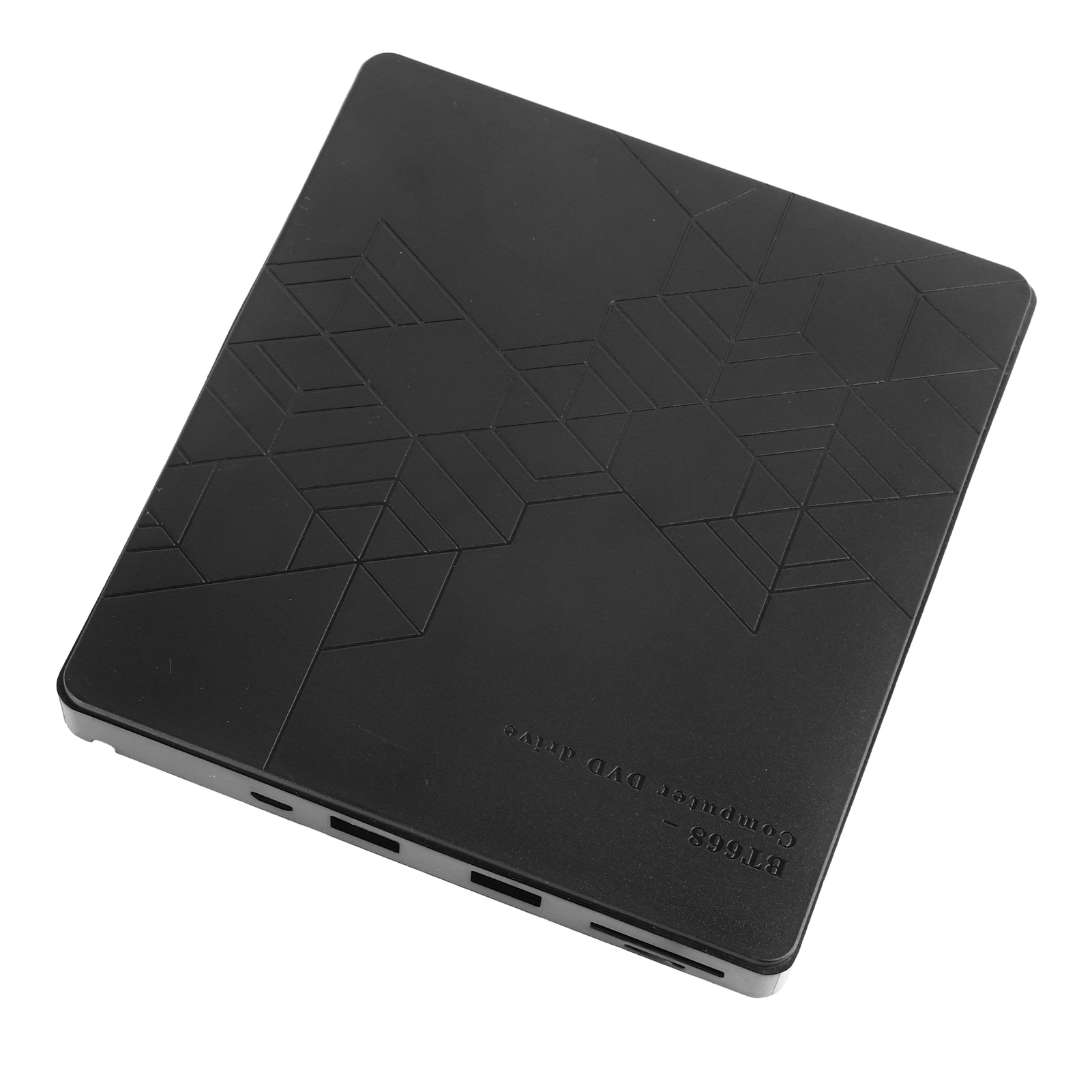 Ein schwarzes Computer-DVD-Laufwerk mit geometrischem Design auf der Oberseite. Es hat mehrere Anschlüsse an der Seite. Der Markenname ist aufgedruckt.