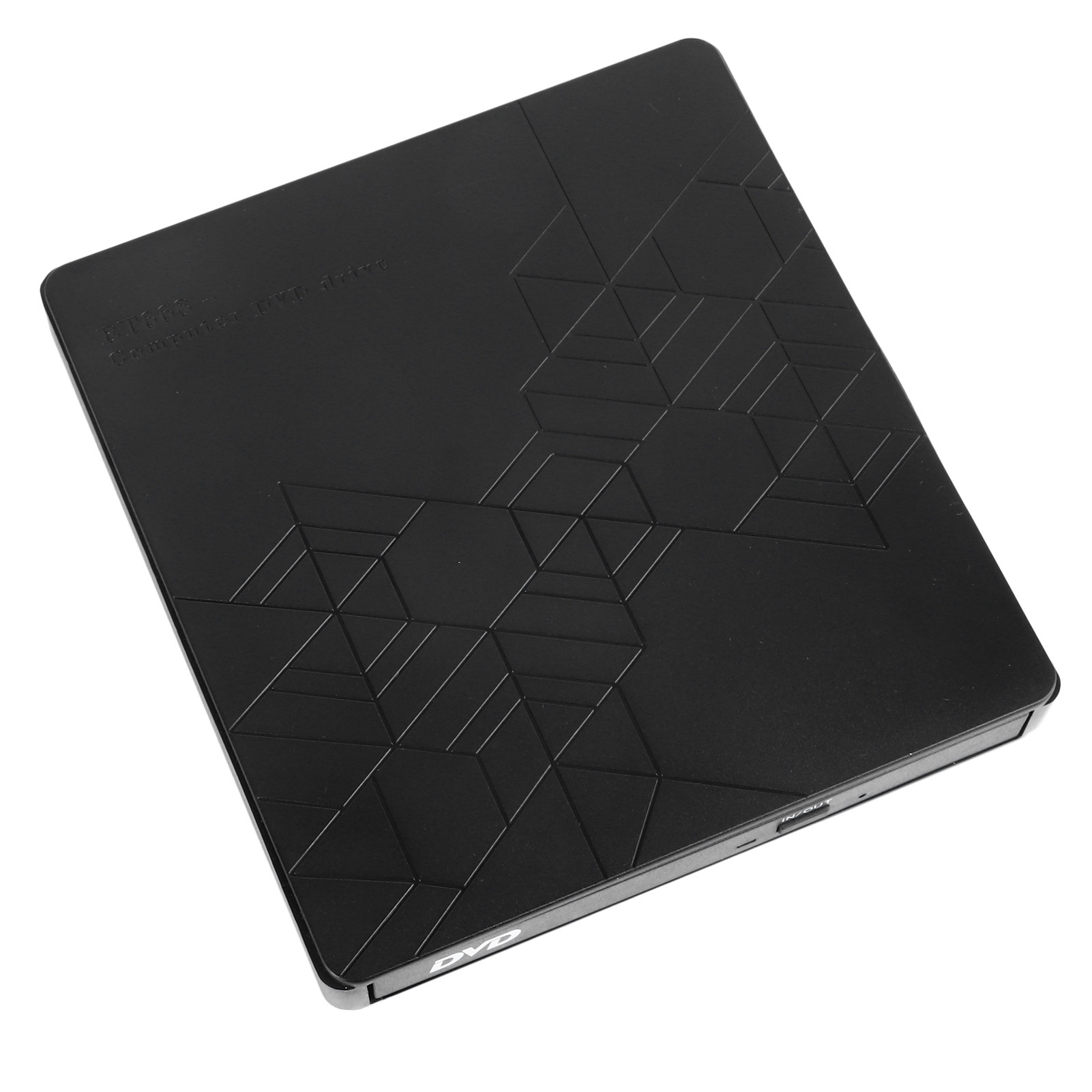 Schwarzes DVD-Laufwerk mit geometrischem Muster oben. Es ist rechteckig mit abgerundeten Ecken, isoliert auf weißem Hintergrund.